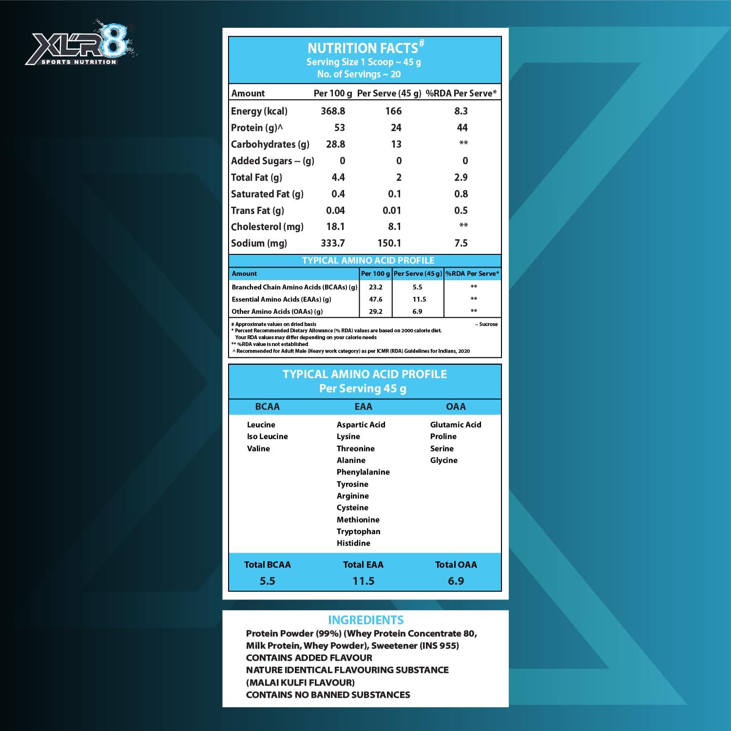 XLR8 XLR8 Classic Whey Protein Powder, 24 g Protein, 5.5 BCAA, No Maltodextrin (907 g (Pack of 1), Malai Kulfi)
