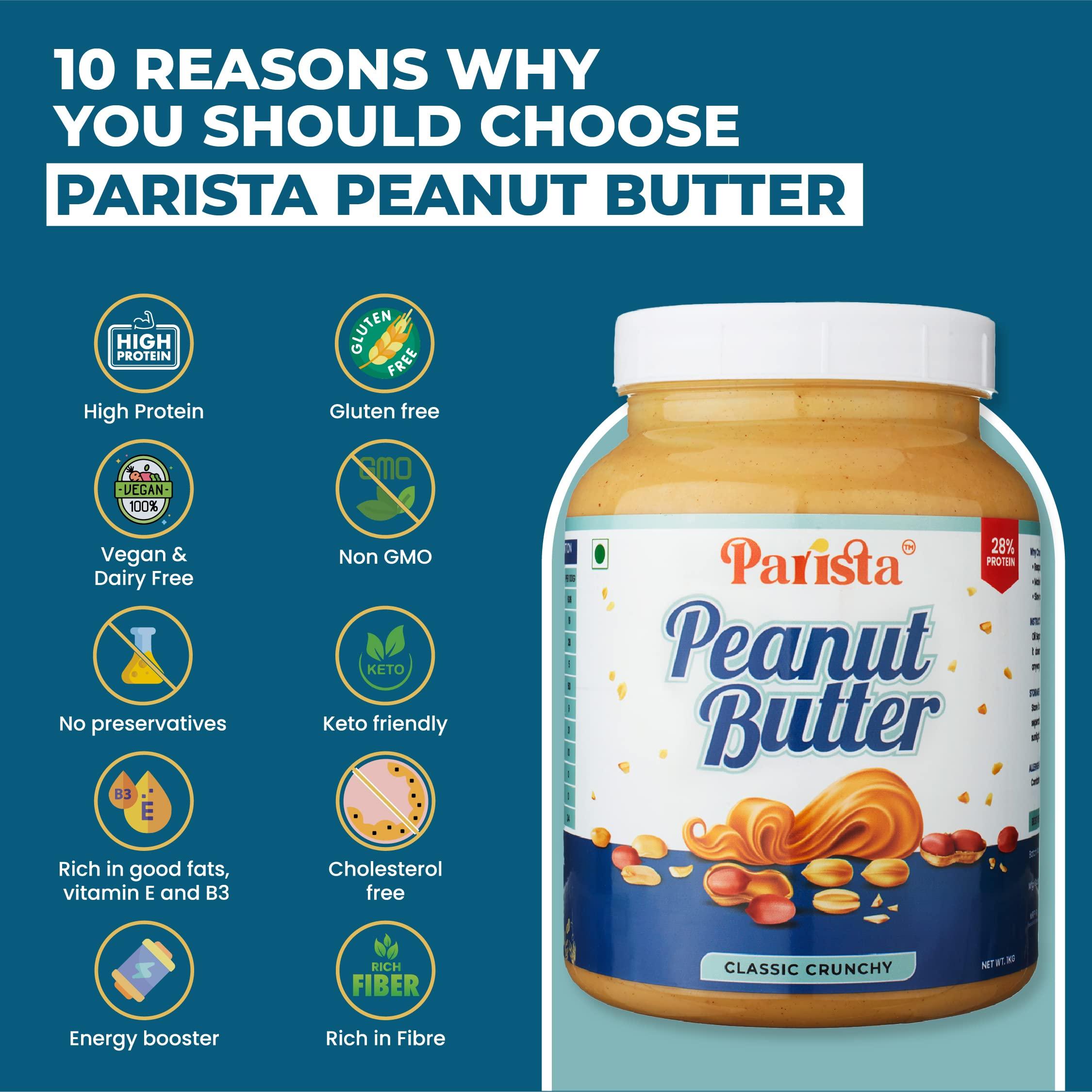 Parista Parista Classic Peanut Butter Crunchy (1 Kg) |High Protein | Super Crunchy | Gluten Free | No added oil | Cholesterol free | Vegan