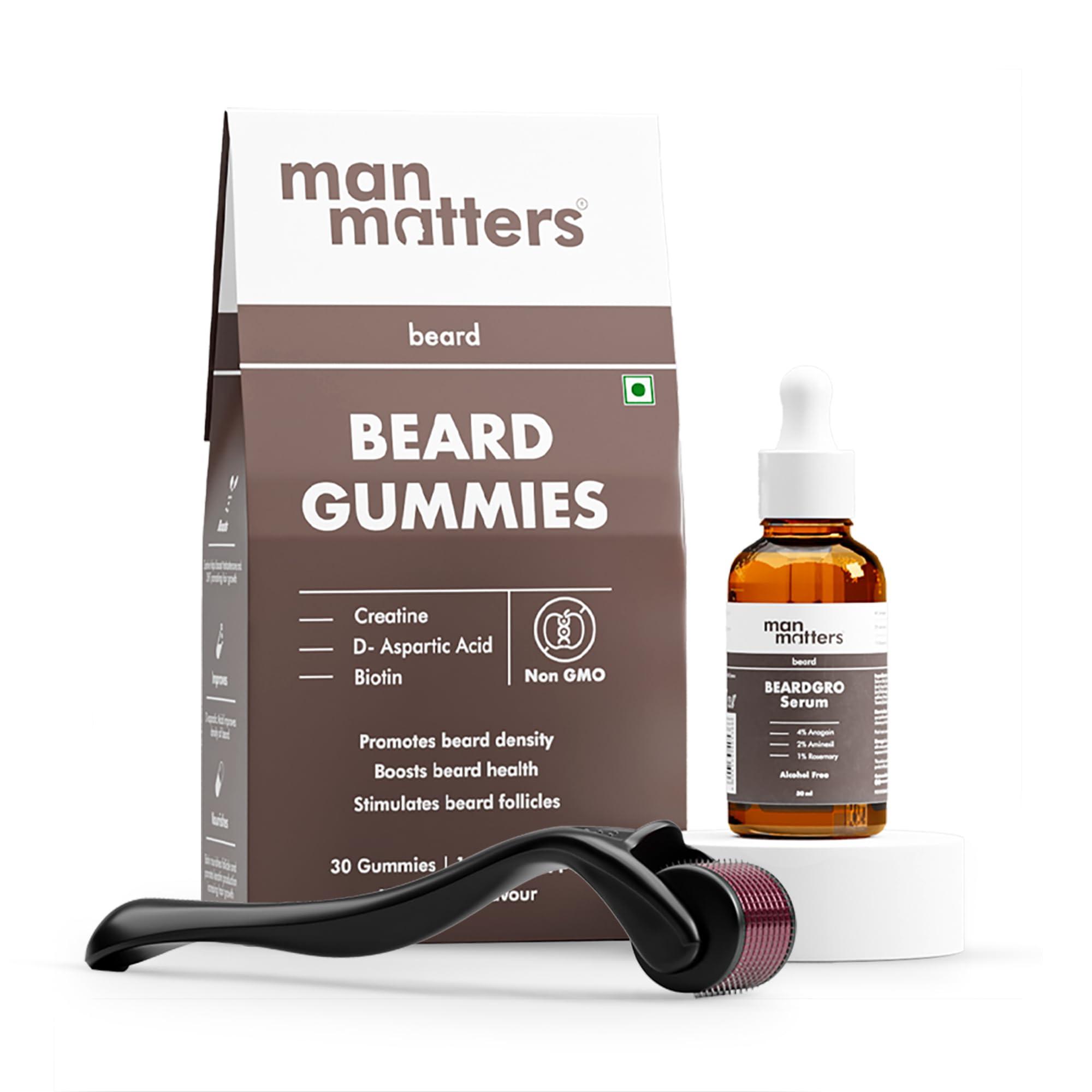 Man Matters Man Matters Ultimate Beard Growth Kit With Beard Serum, Beard Gummies & Advance Derma Roller | With 4% Anagain, 1% Rosemary, Biotin | For Beard Growth & Nourishment | SLS & Alcohol Free, 100% Vegan