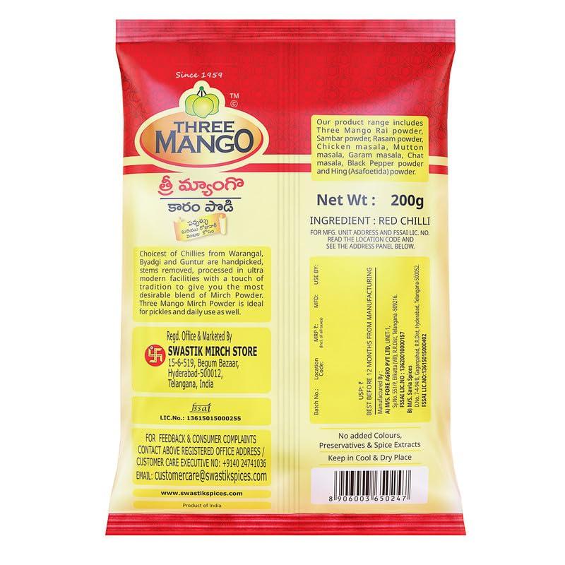 THREE MANGO Three Mango Mirch (Chilly) Powder | Rich In Flavour | No Added Colours | Natural And Authentic (200 Gramm)