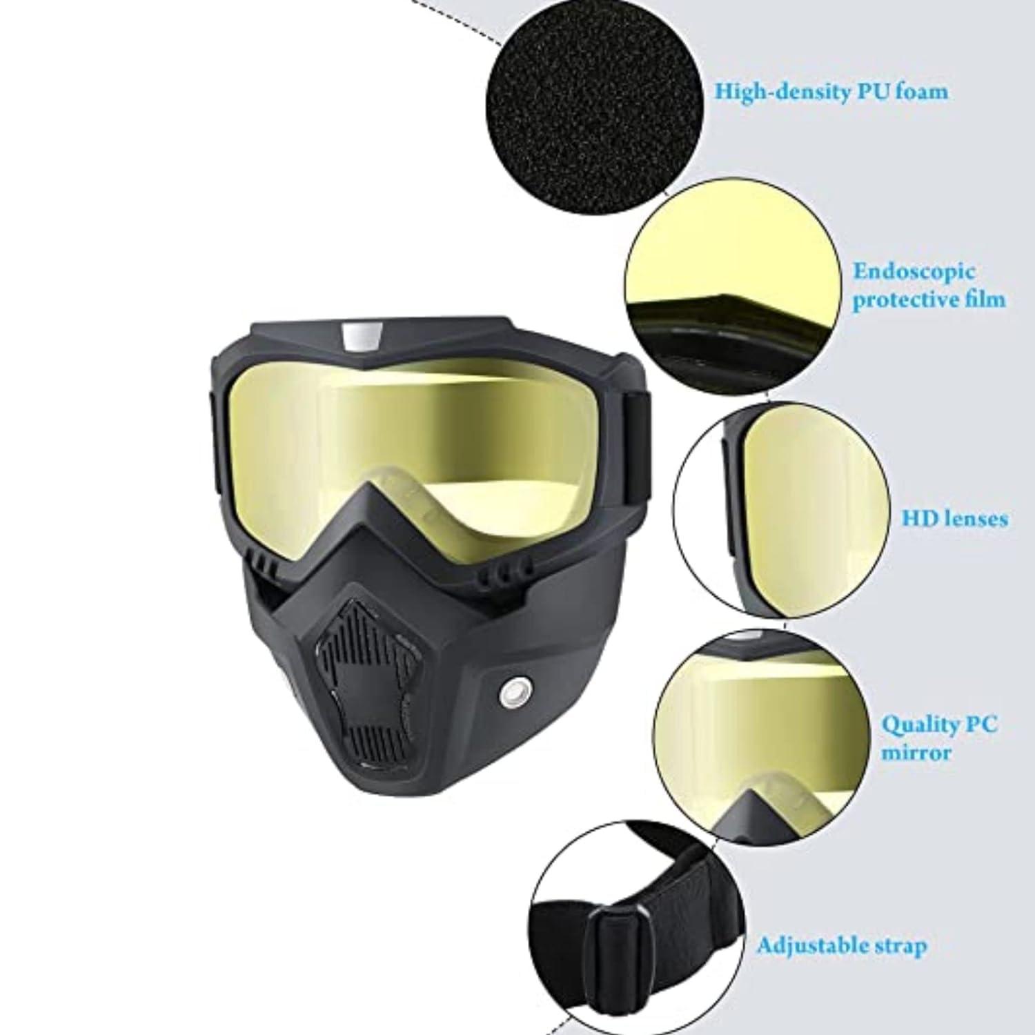 Fariox FARIOX Motocross Bike Riding Goggles Glasses with Face mask Dust Mask with Detachable Motorcycle Oculos Gafas and Mouth Filter for Open Face Vintage Helmets (Yellow)