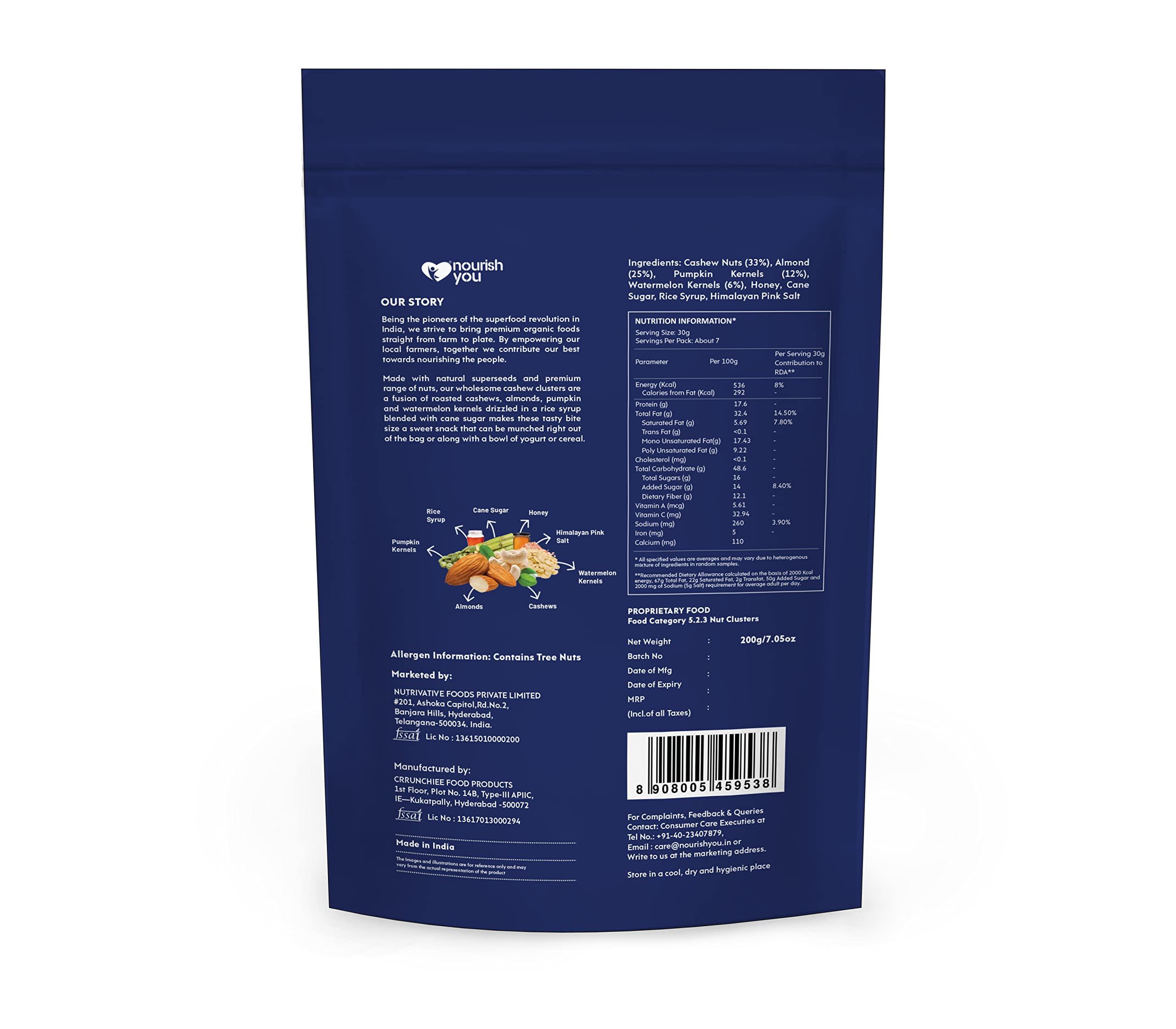 NOURISH YOU Nourish You Cashew Clusters with Cashew, Almond Clusters, Pumpkin & Watermelon Kernels | High in Protein | Gluten-Free | No added Artifical Flavours or colours | Nutritious snack | 200 Gms (Pack of 1)