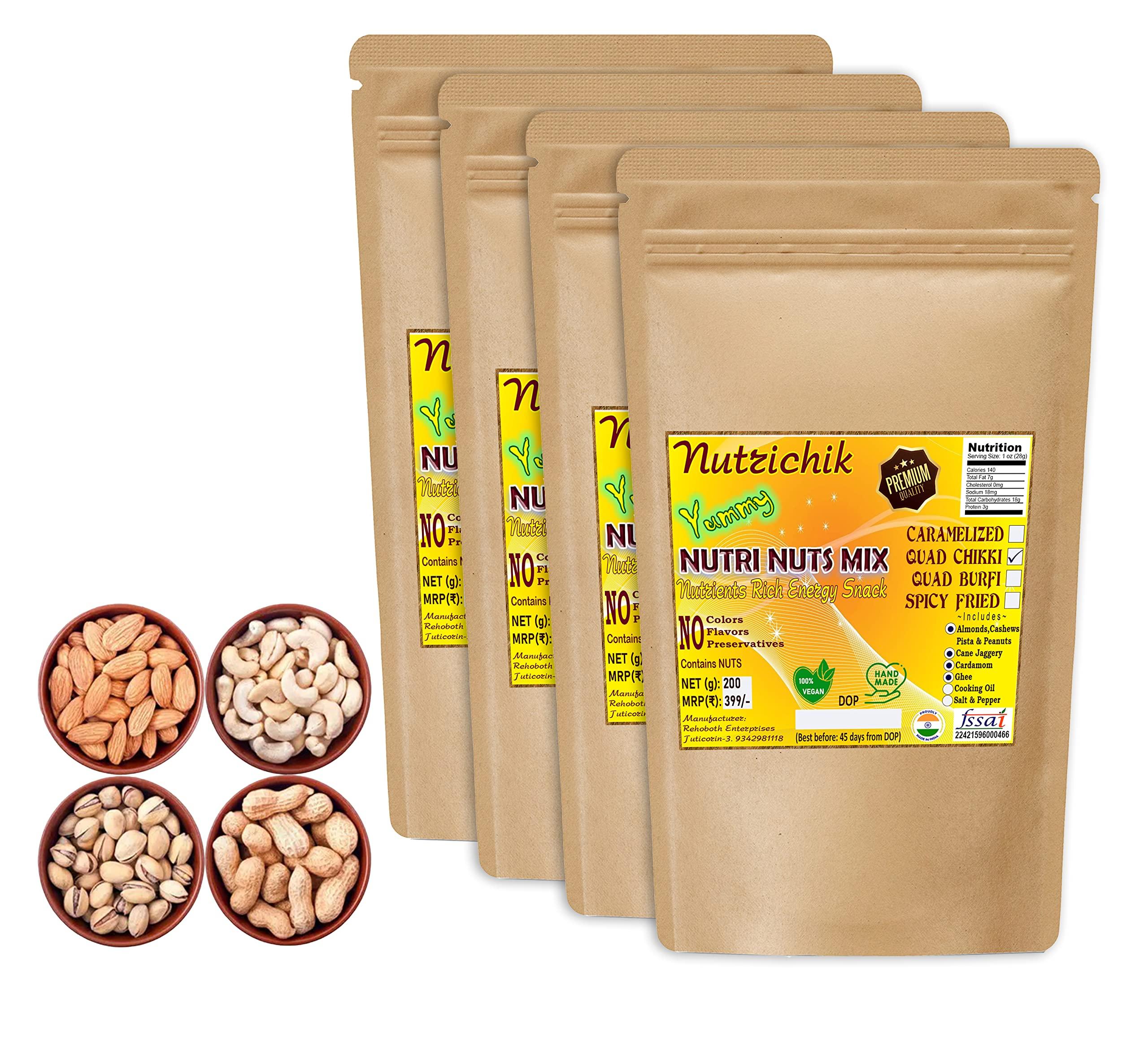 Nutrichik Nutri Nuts Mix Quad Chikki - Mixed Nut Chikki - Dry Fruit Chikki - Nuts Mix Quads - 200gm (4 Packs)