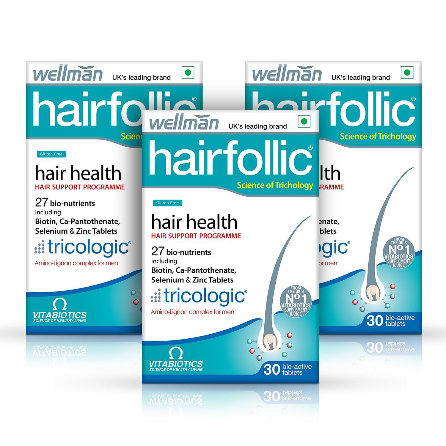 wellman wellman Hairfollic Hair Supplements For Men - Advanced Hair Nutrition With Tricological Amino-Lignan Complex | 27 Bionutrients For Healthy Hair, Beard, And Skin (Pack Of 3), Tablet