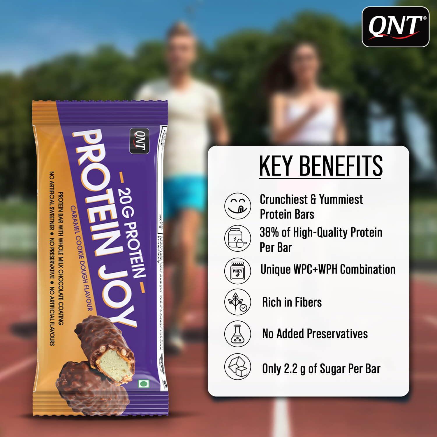 QNT QNT Protein Joy 20g Protein Bar + Caramel Cookie Dough | Promotes Muscle Growth | 100% Vegetarian |6 x 70g Bars (420g Pack)