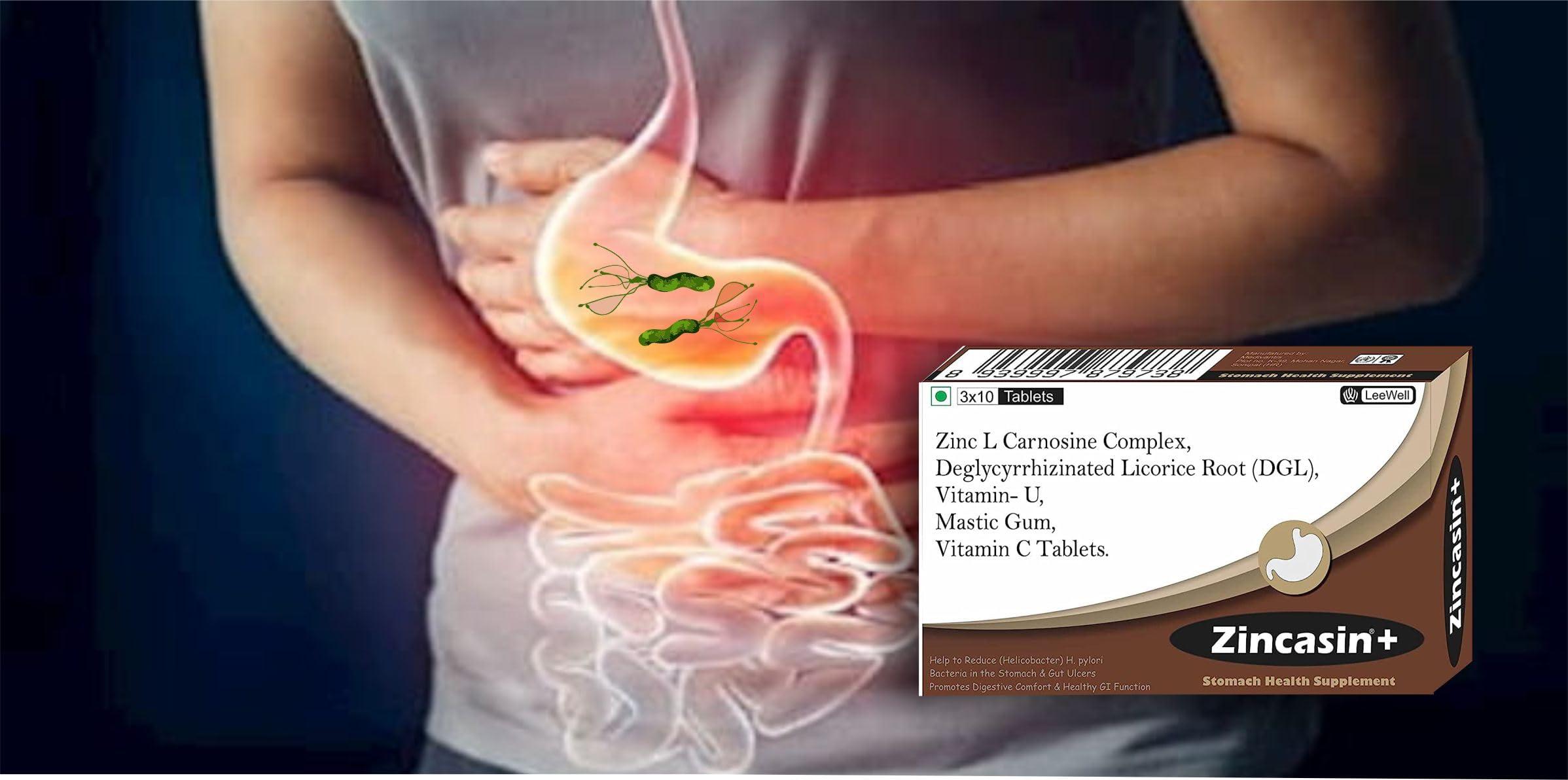 Zincasin zincasin +plus Zinc L carnosine, Vitamin U, DGL Deglycyrrhizinated Licorice Root, Mastic gum Supplements | Gastric Reflux, IBS, H pylori, Bloating, Gut health Support - 60 tablets