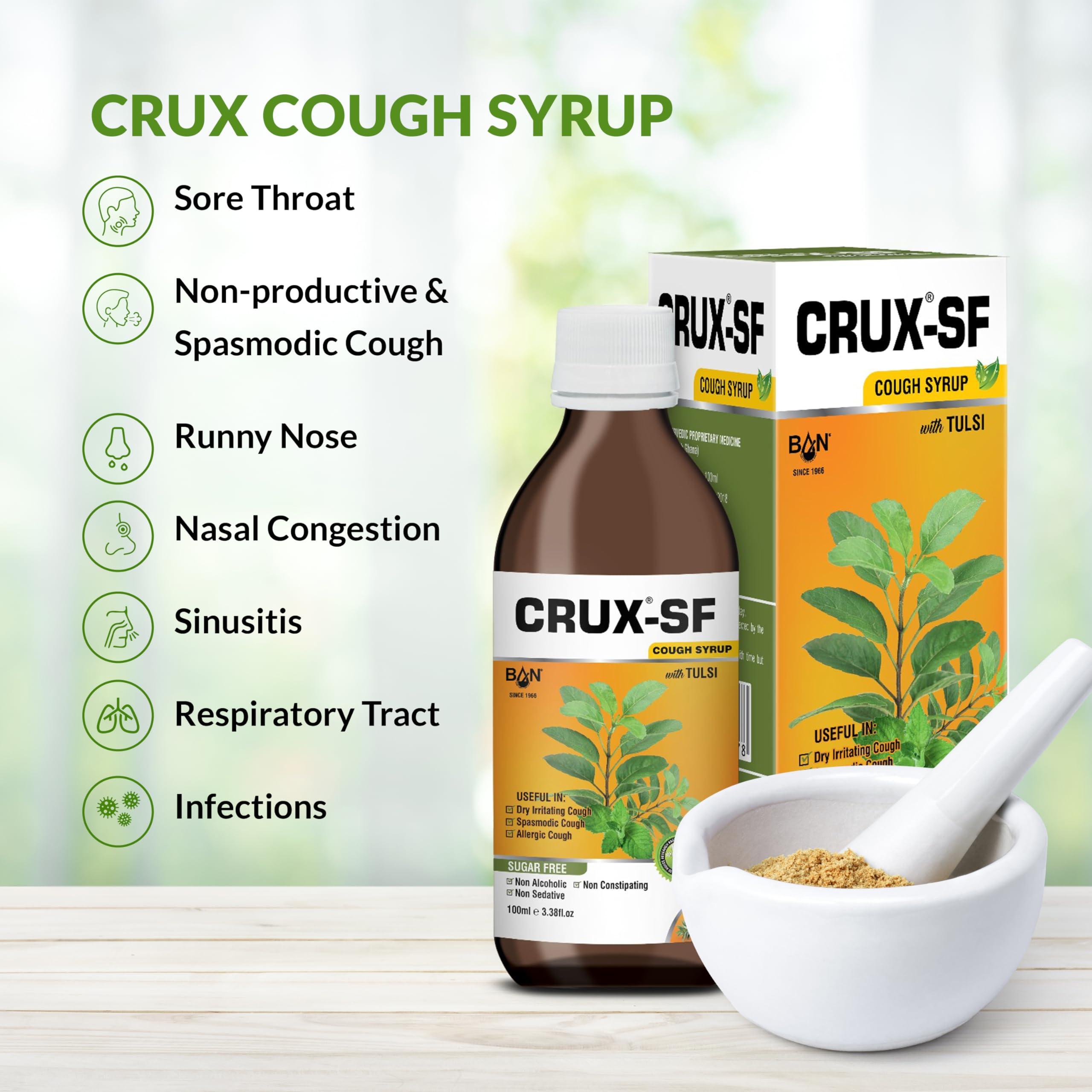 Crux Crux Ayurvedic Sugar free Cough Syrup 100ML, Pack of 3 | Get Ayurvedic Relief from Throat Issue, Chest Congestion, All Types Of cough & Cold | Goodness Of Tulsi, Pippali, Satpudina