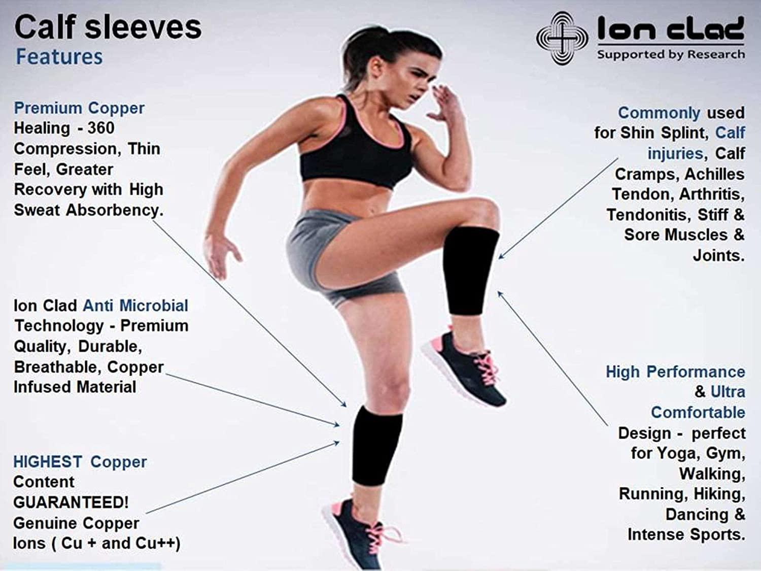 Ion Clad Ion Clad Copper Compression Calf Sleeve- Shin Support Socks for Relief from Leg Cramps, Shin Splints, Varicose Veins Injury Pain Guard - Recovery for Men & Women-Sports, Gym & Running (M)
