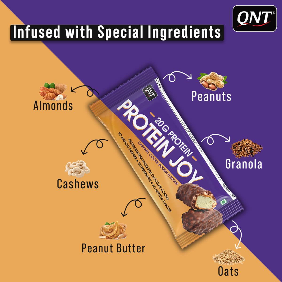 QNT QNT Protein Joy 20g Protein Bar + Caramel Cookie Dough | Promotes Muscle Growth | 100% Vegetarian |6 x 70g Bars (420g Pack)