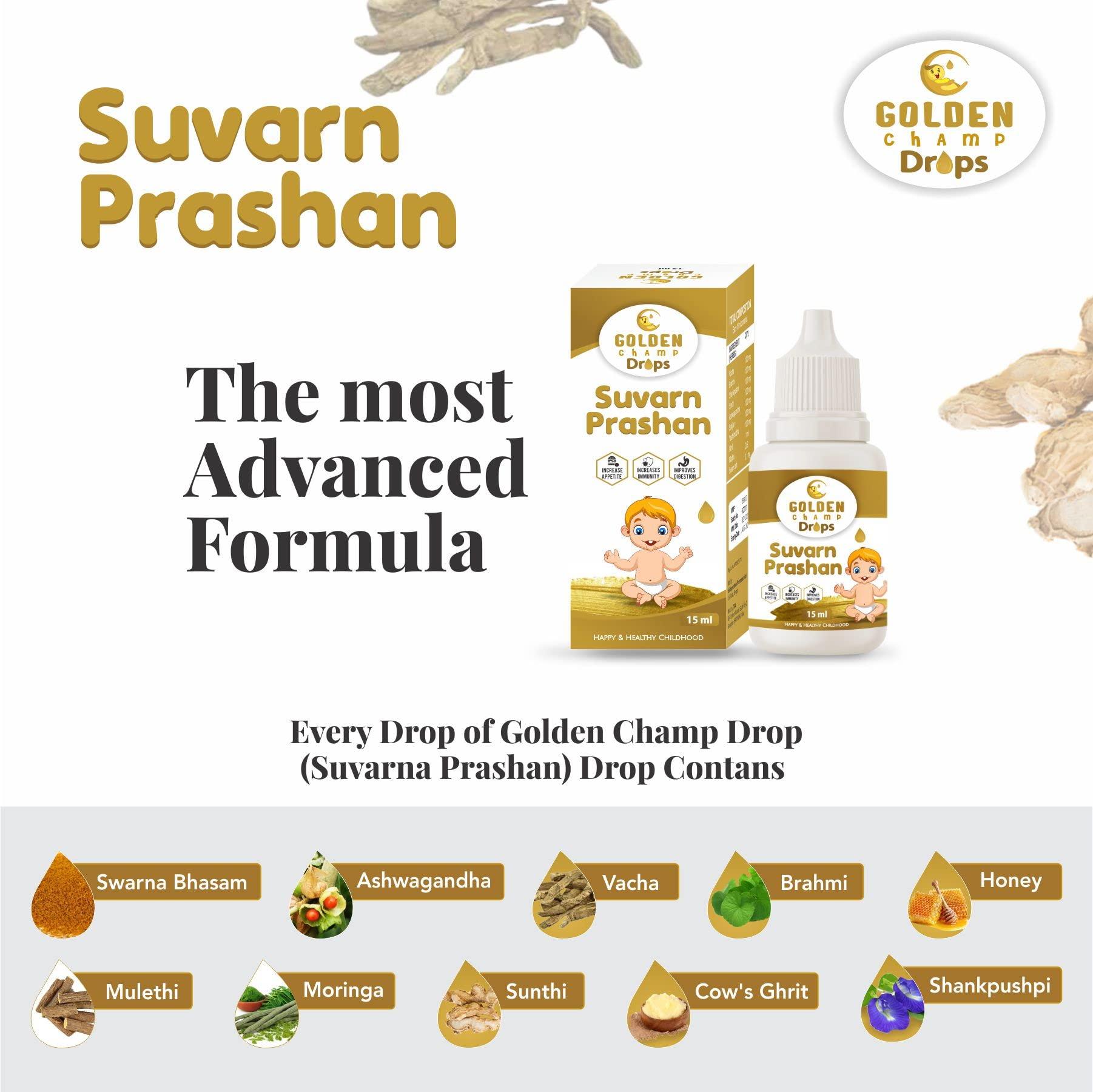 Golden Champ Drops Golden Champ Drops Swarna prashana drops with Gold Ash | Swarna Prashan | Suvarnaprashan drop for Children Ayurvedic Immunity Booster for Kids (15 ml) (GMP Certified & Ayush Approved).