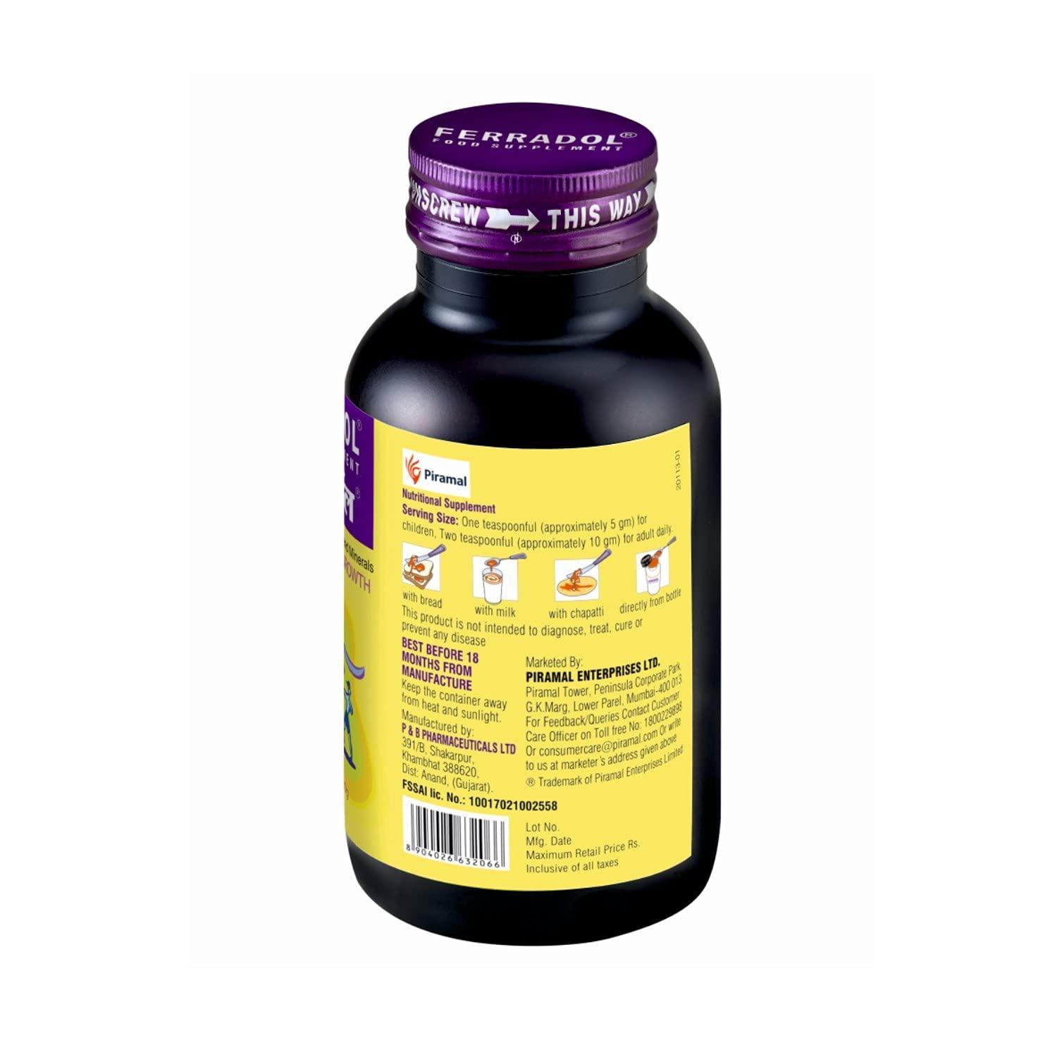 Ferradol Ferradol syrup 450gm, daily health supplement with Iron, vitamins A, B1, B2, B3 and D3, Calcium, Zinc, helps maintain haemoglobin and supports immunity