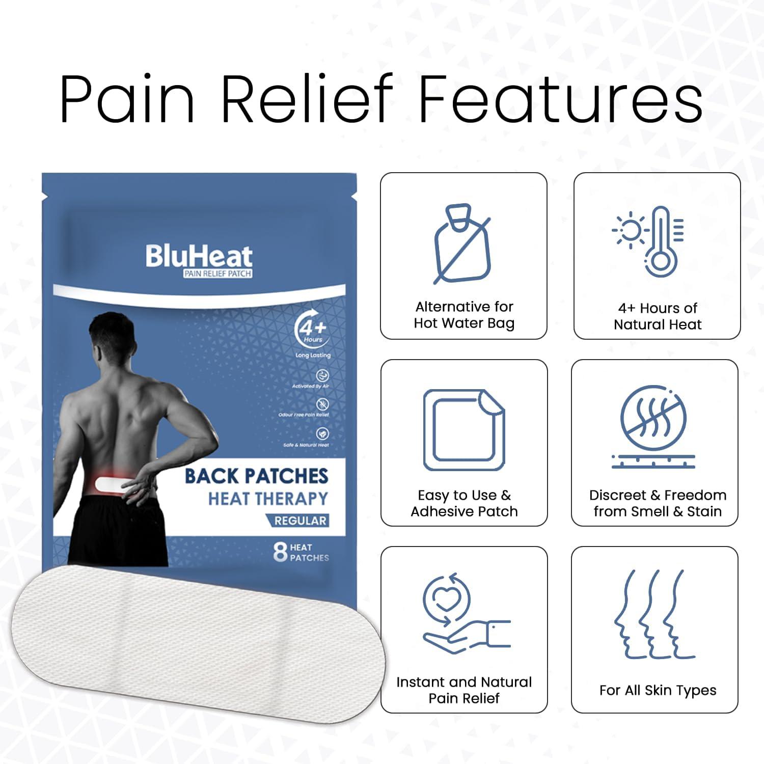 BLUHEAT BluHeat Back Pain Relief Patches 8 Regular Heat Therapy Patches Safe and Natural Odour-Free Air-Activated, Long-Lasting Ultimate Substitution for Hot Water Bags for All Skin Types