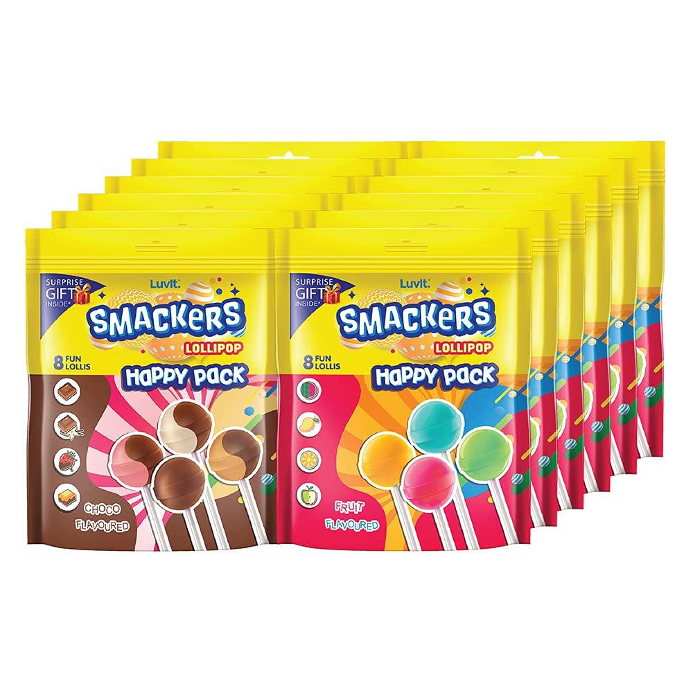 LuvIt. LuvIt. Smackers Fruit And Chocolate Flavoured Lollipops | Surprise Toy For Kids | Big Stick Lollipops | Pack Of 12-96G Each, 1152 grams