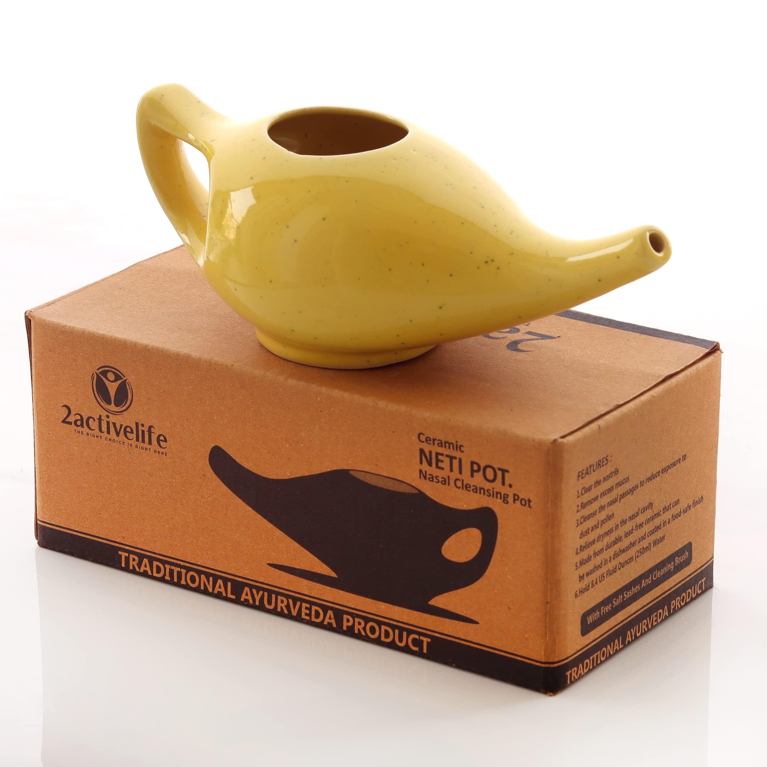 2activelife 2activelife Ceramic Neti Pot for Sinus, Jal Neti pots for Nasal Cleansing, Nose congestion and Passages Jala kriya (Yellow Crackle)