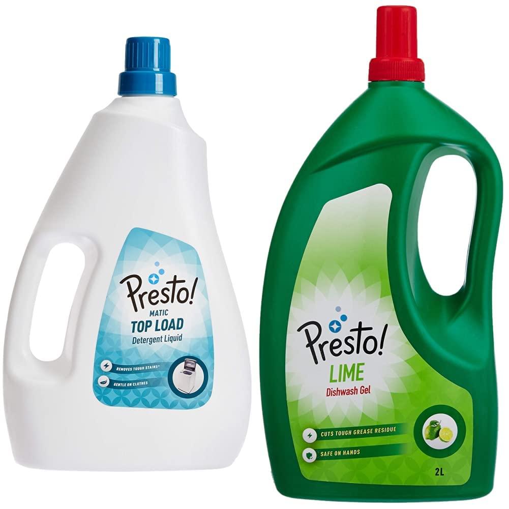 Presto! Amazon Brand - Presto! Matic Top Load Detergent Liquid - 2 L & Amazon Brand - Presto! Dish Wash Gel - 2 Litre (Lime)