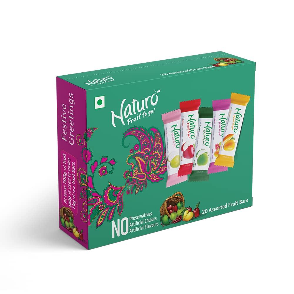 Naturo Naturo Assorted Fruit Bars Gift Box (Green) | Pack of 5 Gift Boxes (20 Fruit Bars per box) | Mango + Apple + Guava + Raw Mango + Mixed Fruit | No Preservatives, Artificial Colour or Flavours