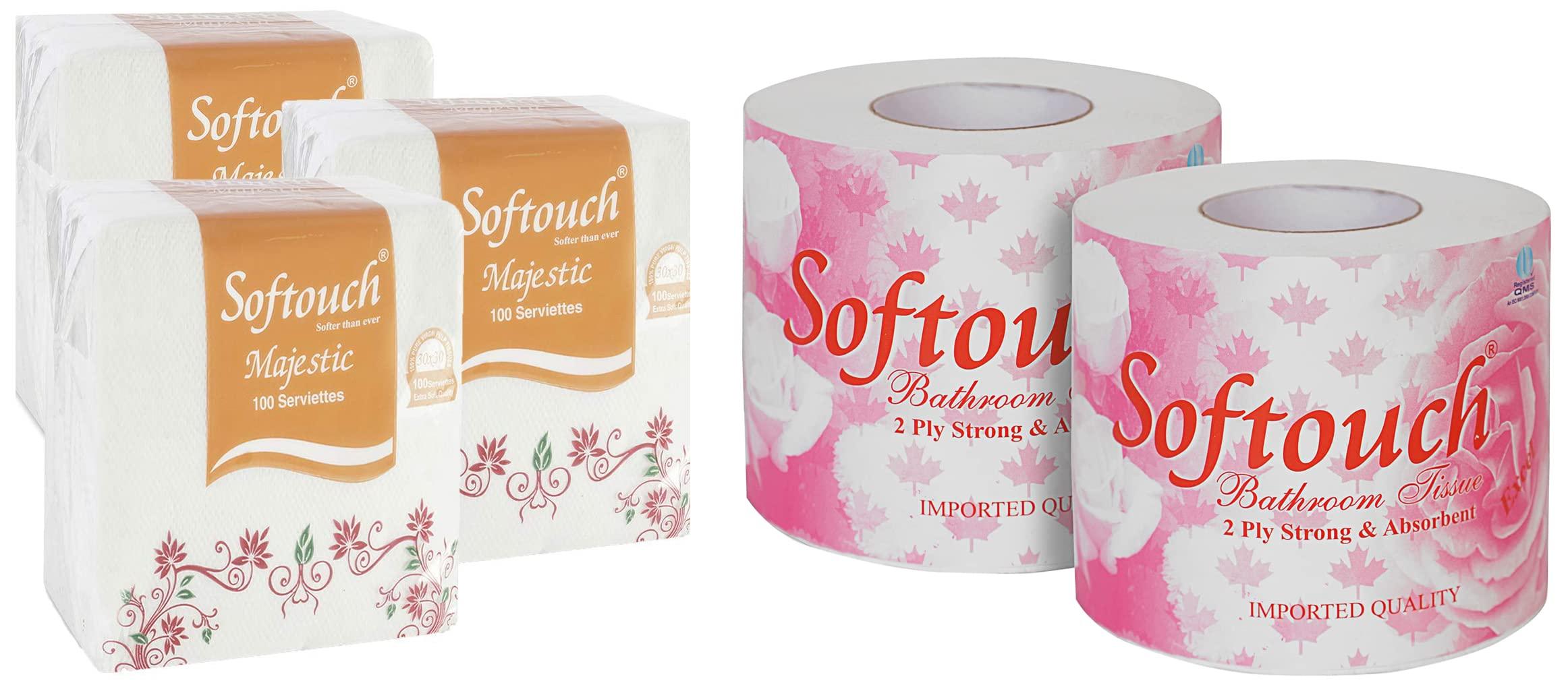 SofTouch Softouch Tissue Paper Napkins 100 pcs. Each- Set of 3 (Multicolour) & Softouch Excel Toilet Roll Tissue Paper Pack of 2 (375 sheets Per Roll)