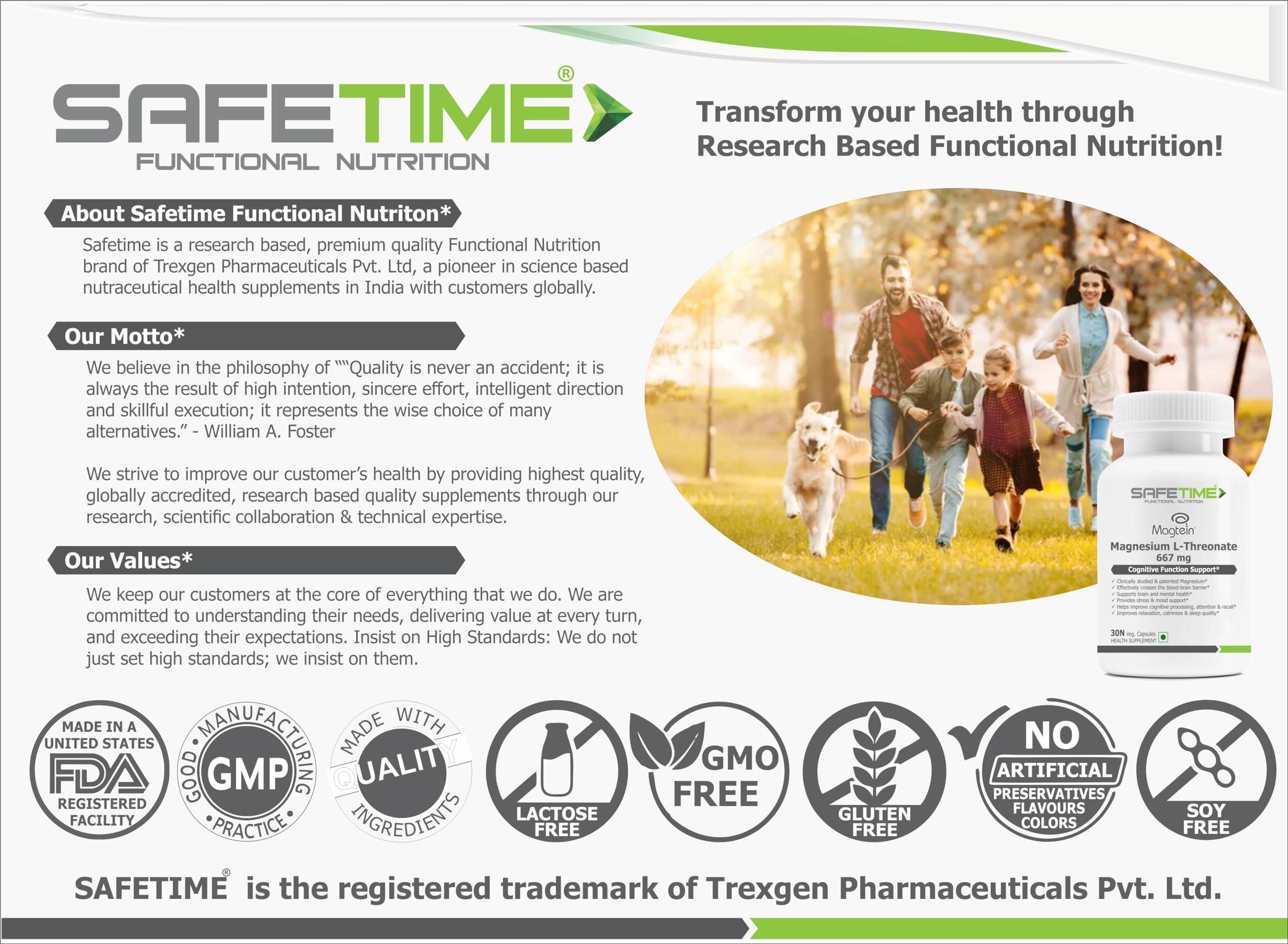 SAFETIME SAFETIME FUNCTIONAL NUTRITION Magtein Magnesium L Threonate Cognitive Function & Brain Health Support (30 Veg. Capsules) (Pack of 1)
