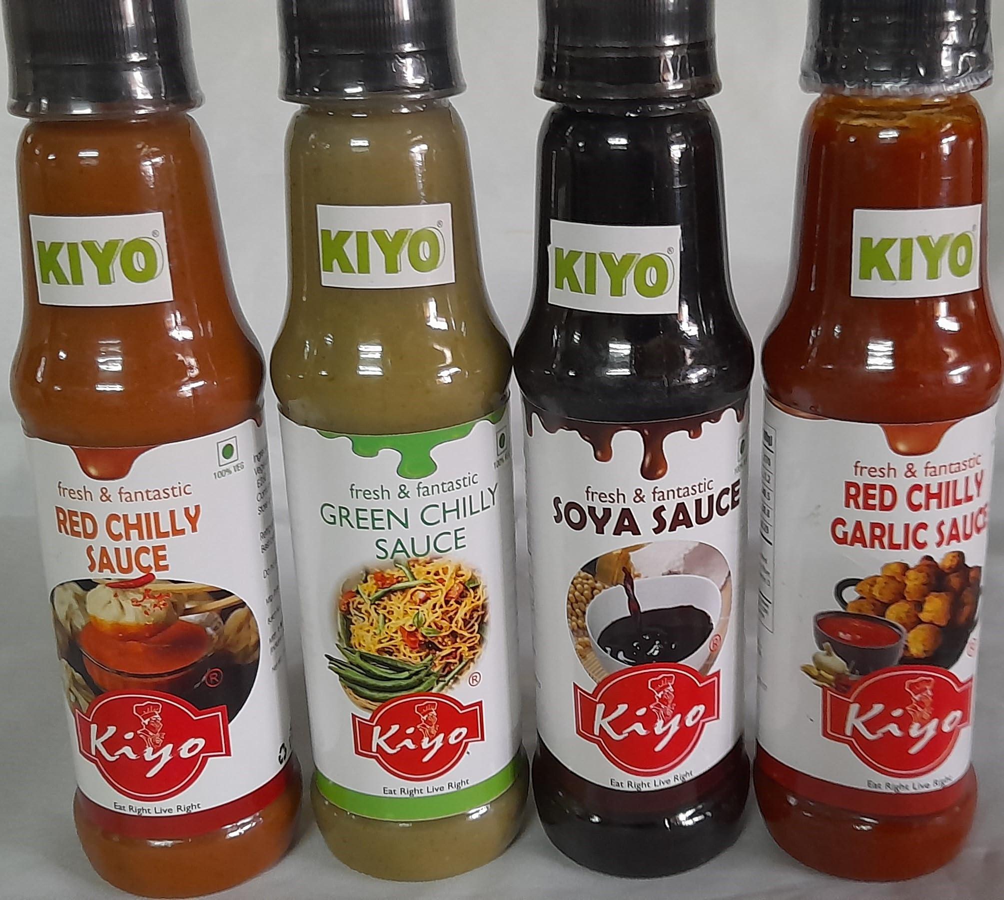 Kiyo KIYO Combo Pack Of Red Chilly Sauce, Green Chilly Sauce, Soya Sauce & Red Chilly Garlic Sauce || Vegan and Natural Ingredients || Made With Fresh Chillies And Garlic || 210 gm Each (Pack Of 4)