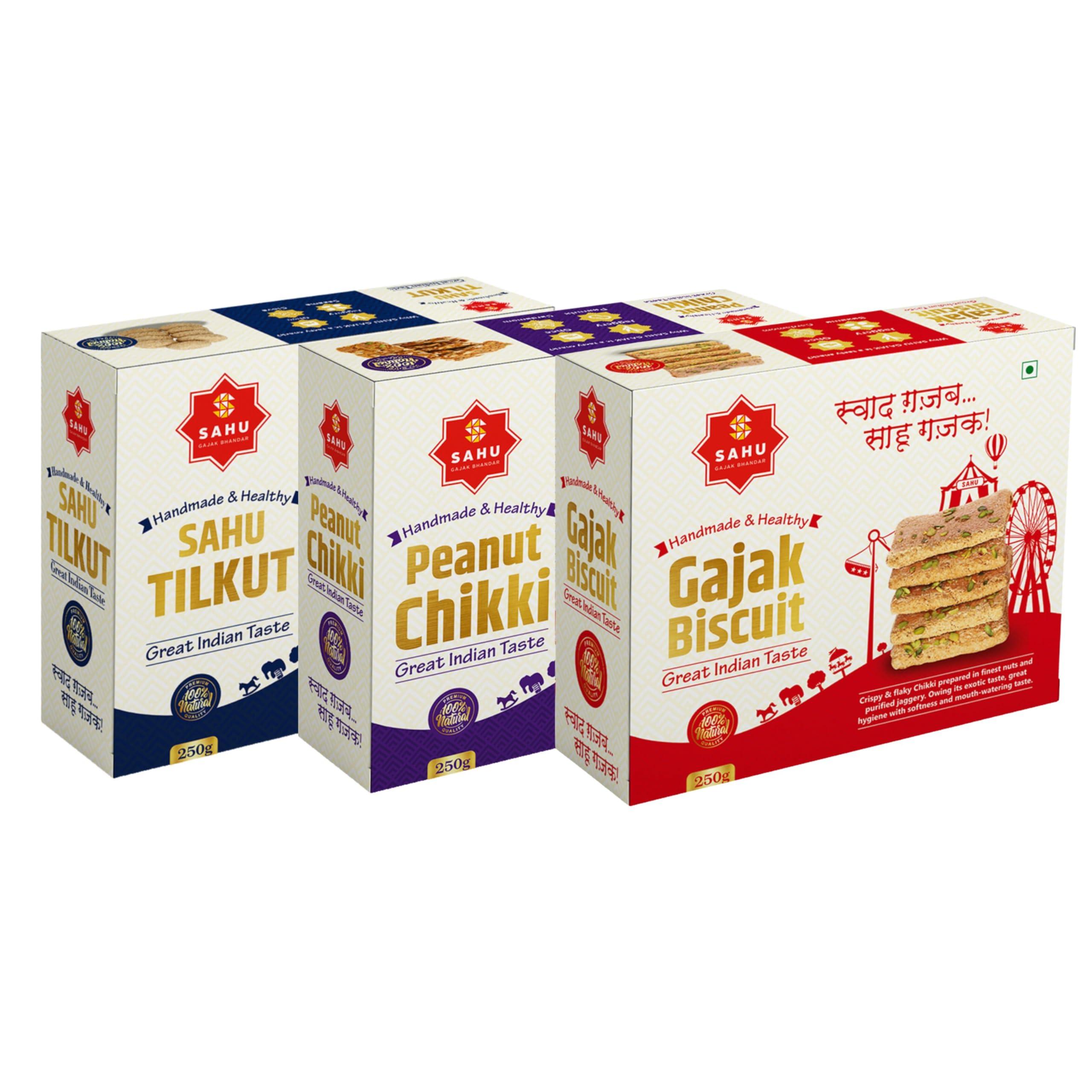 SAHU GAJAK BHANDAR SAHU GAJAK BHANDAR Tilkut Gajak Chikki 3 Gift Item | Gajak 250 Gram | Peanut Chikki 250g | Tilkut 250g | No Added Liquid Glucose and Preservatives | CD01