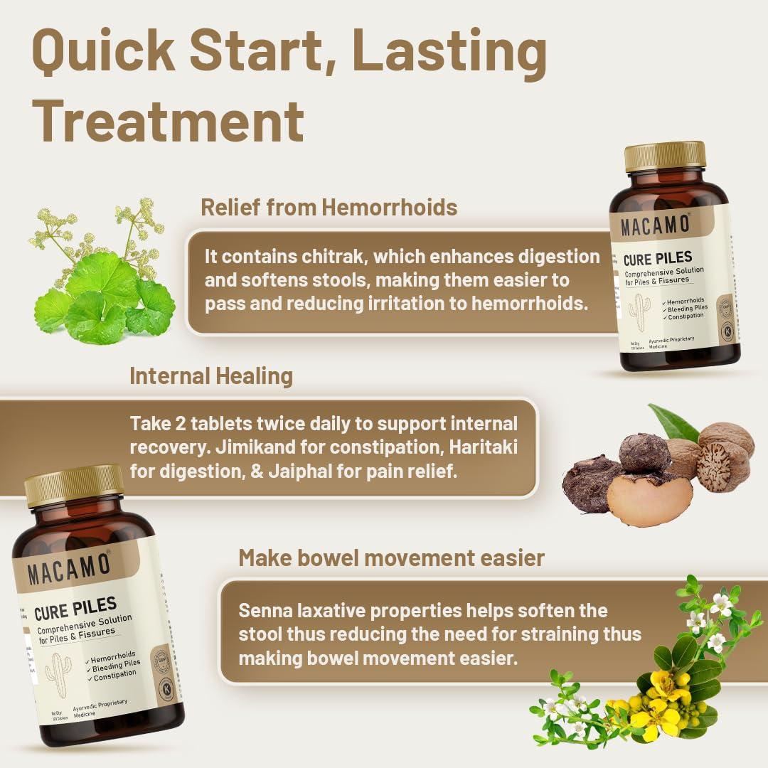 MACAMO MACAMO Cure Piles Tablets & Spray, Comprehensive Solution for Hemorrhoids and Fissures, GMP Approved (120 Tabletes)