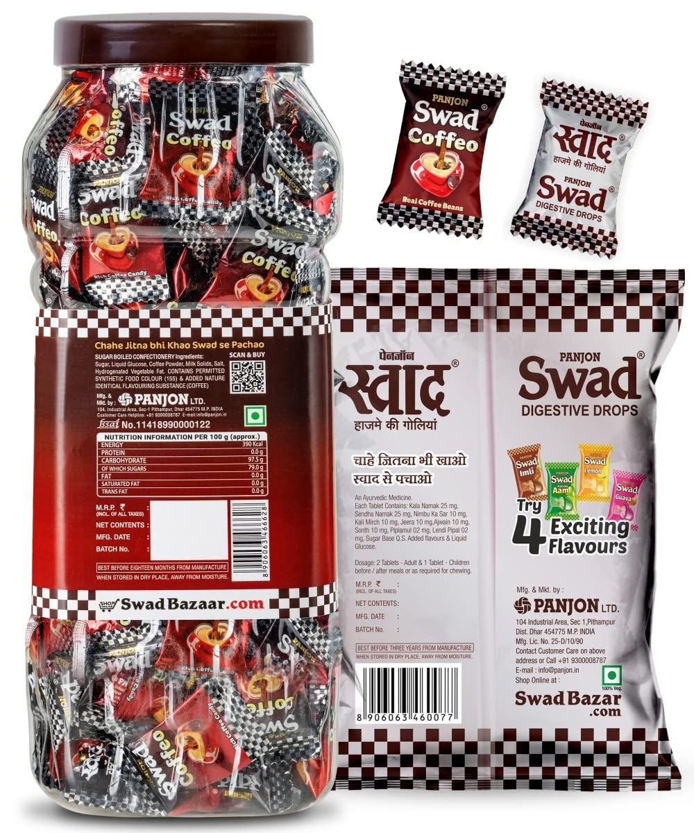 Swad Swad Coffee Candy 200 Toffee Jar(Made with Strong Kopiko Coffee Beans) & Swad Original 50 Toffee Pack, 2 units