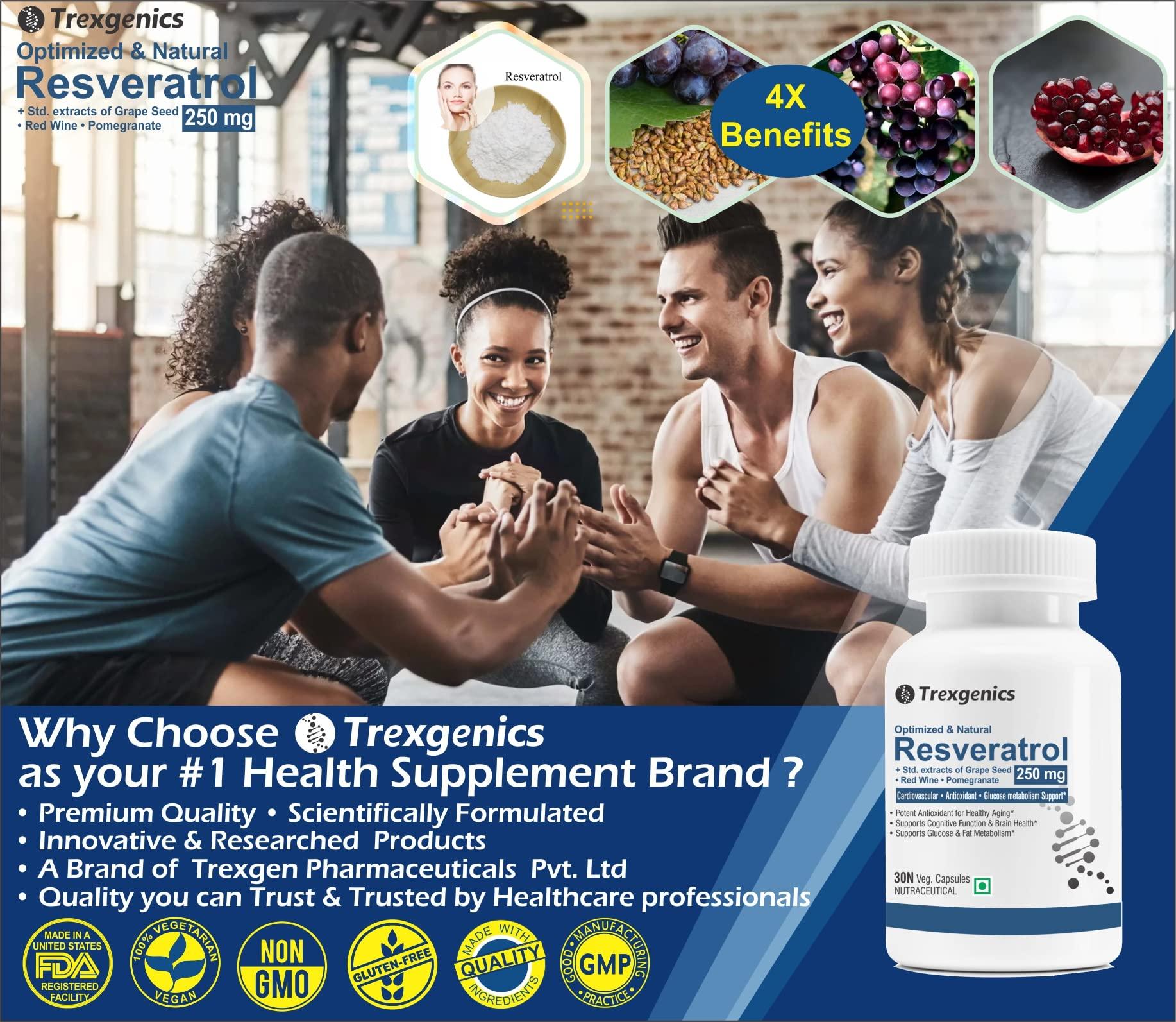 Trexgenics Trexgenics Natural RESVERATROL 250 mg + Grape Seed OPC, Pomegranate Ellagic acid, Red Wine Cardiovascular Health, Antioxidant & Glucose Metabolism VEGAN & NON-GMO (30 Veg. Capsules) (Pack of 1)