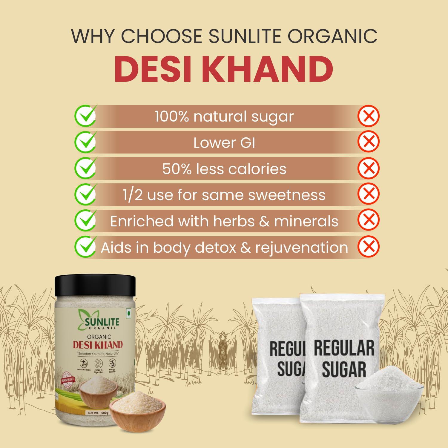 SUNLITE ORGANIC SUNLITE ORGANIC Desi Khand Sugar, 500g, with Natural Molasses Retained, Chemical & Pesticides Free, Organic Sugarcane Khandsari Sugar, Sulphur-Free Khaand, Unrefined & Unprocessed Raw Sugar