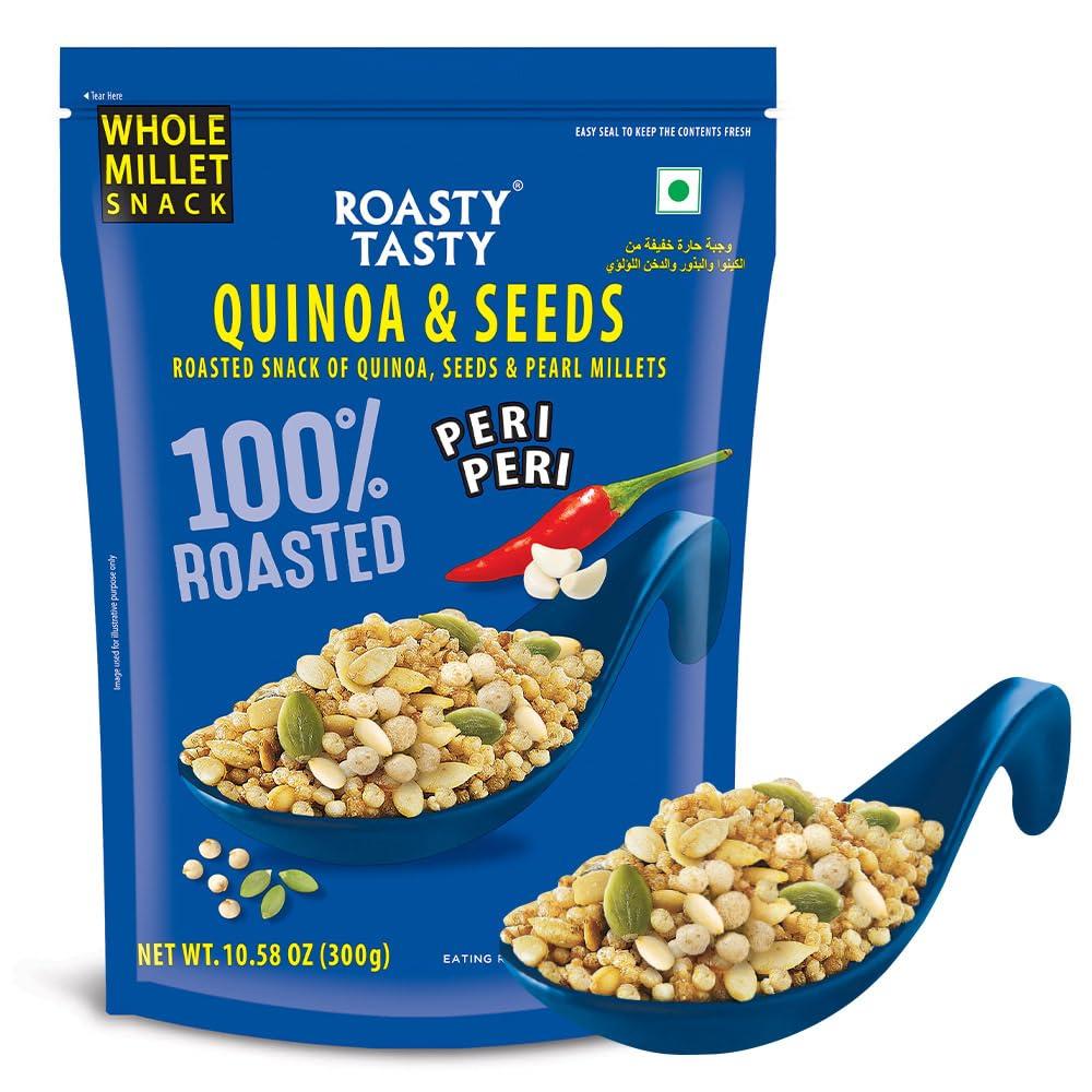 Roasty Tasty Roasty Tasty Quinoa & Seeds Peri Peri | Healthy Snacks | Roasted White Quinoa Puffs, Bajra & Seeds Mix | Rich in Protein for Adults & Kids | No Cholesterol, No Transfat | Diet Mixture | Peri Peri Masala | Gluten Free | Roasted Namkeen | 300g