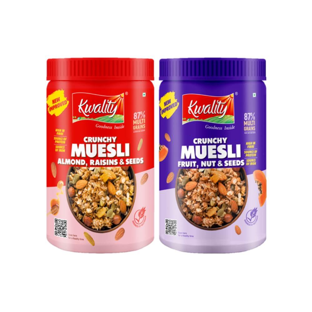 KWALITY Kwality Muesli Combo 2kg Jar | Almond, Raisins & Honey 1kg + Fruit & Nut 1kg | 76% Multi Grains | Natural Source of Vitamin & Iron | High in Protein & Fiber | Healthy Food & Breakfast Cereal