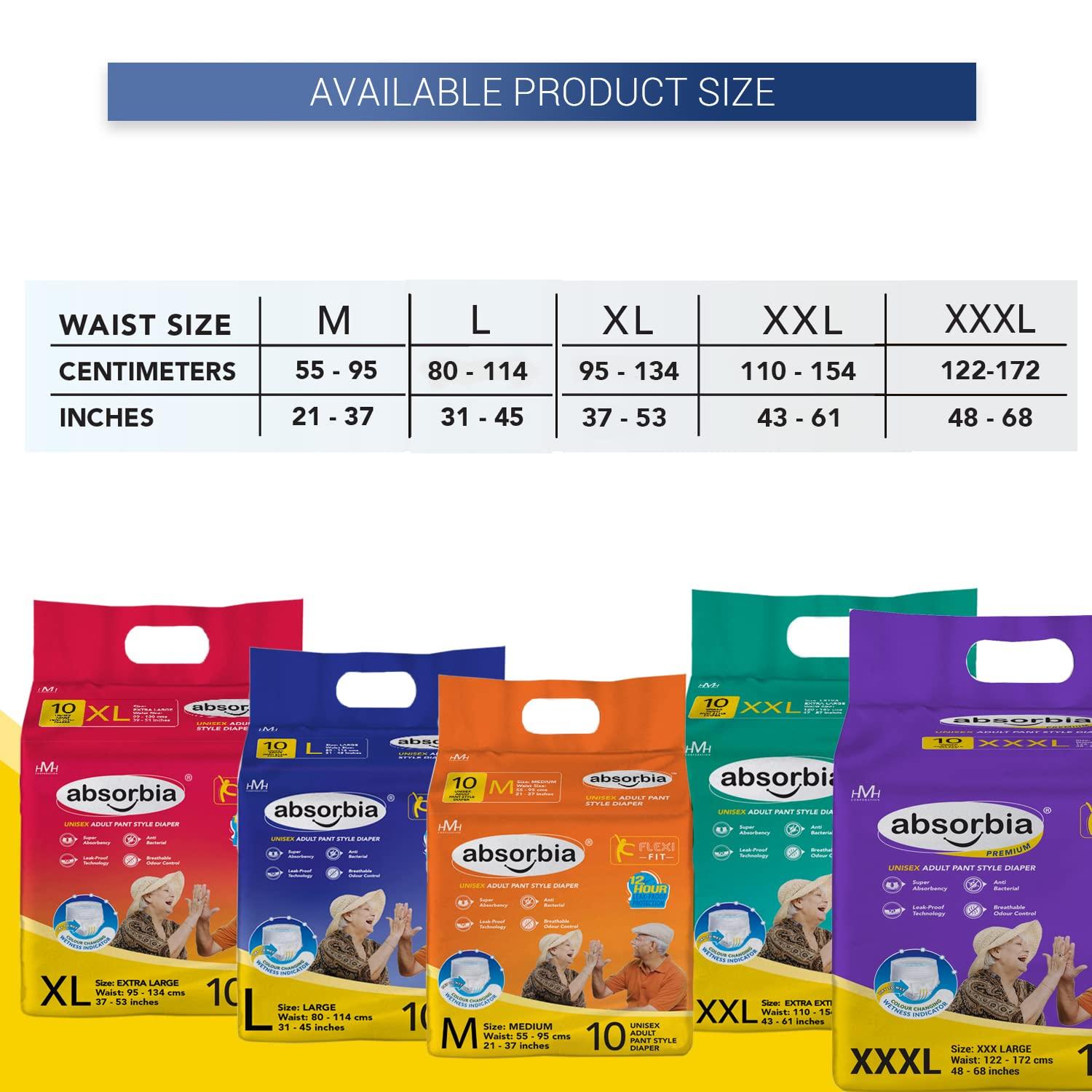 ABSORBIA absorbia Ultra Thin Adult Diaper Pant Large Size | Waist Size 80-114 CM (31-45 incs) Size-L 10 Pant Diapers