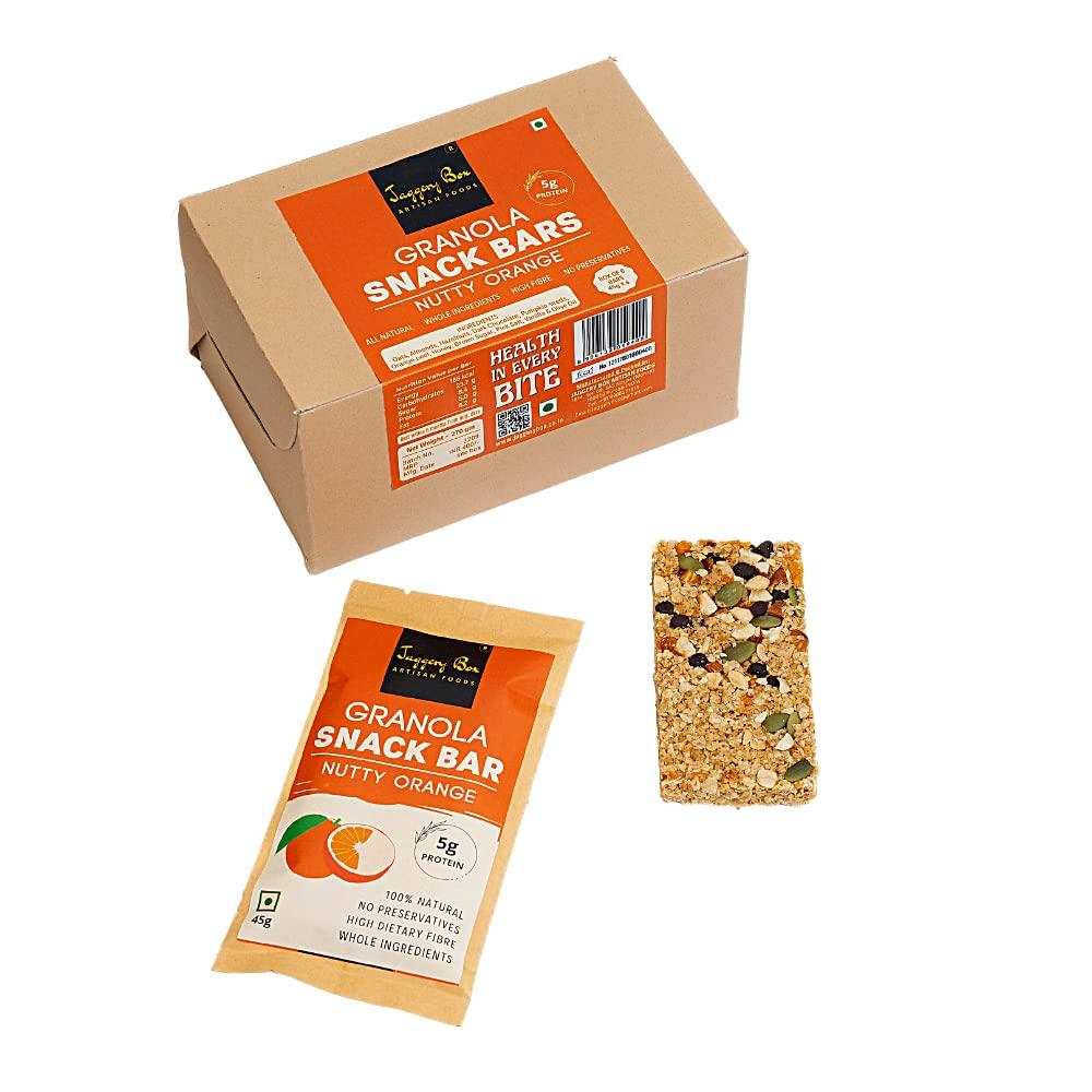 JAGGERY BOX Jaggery Box Nutty Orange Granola Snack Bar | All Natural with Wholegrains & Honey | No Preservatives & Artificial Flavours | 270g, Pack of 6 Bars