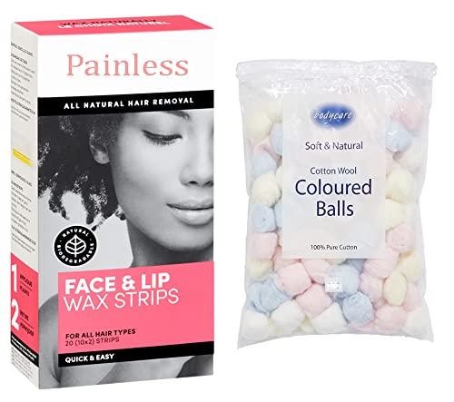 Generic 20Pcs Facial Wax Strips for Women Quick Facial Hair Removal Ready to Use Wax Strips Cold Waxing Strip for Girls Lips, Chin, Eyebrow, Nose Double Sided with 50Pcs Cotton Balls