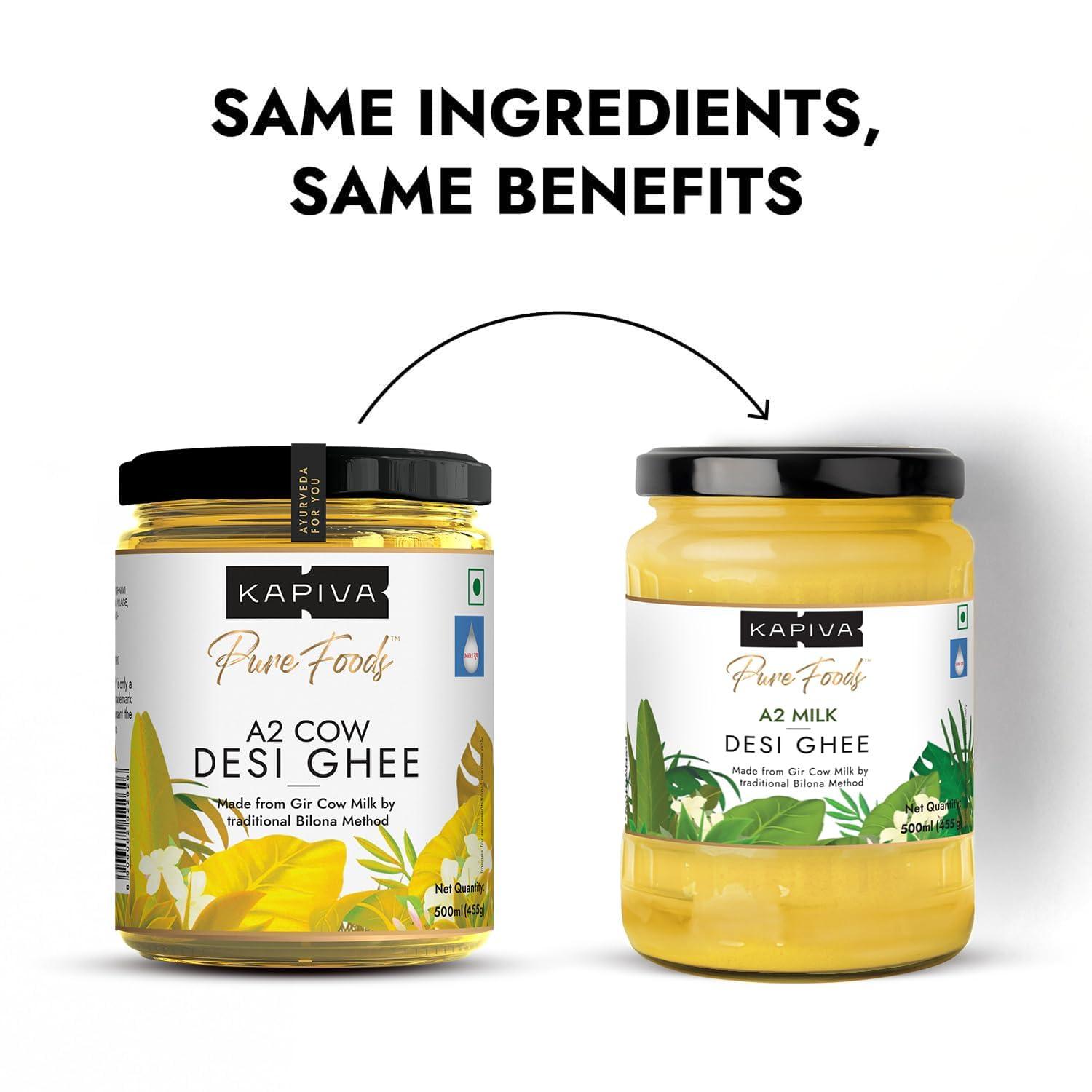 Kapiva Kapiva A2 Desi Cow Ghee 500ml | Bilona Method, Curd-Churned | Pure, Natural, Healthy | Grass-fed Cultured Ghee - Super Saver Pack of 2