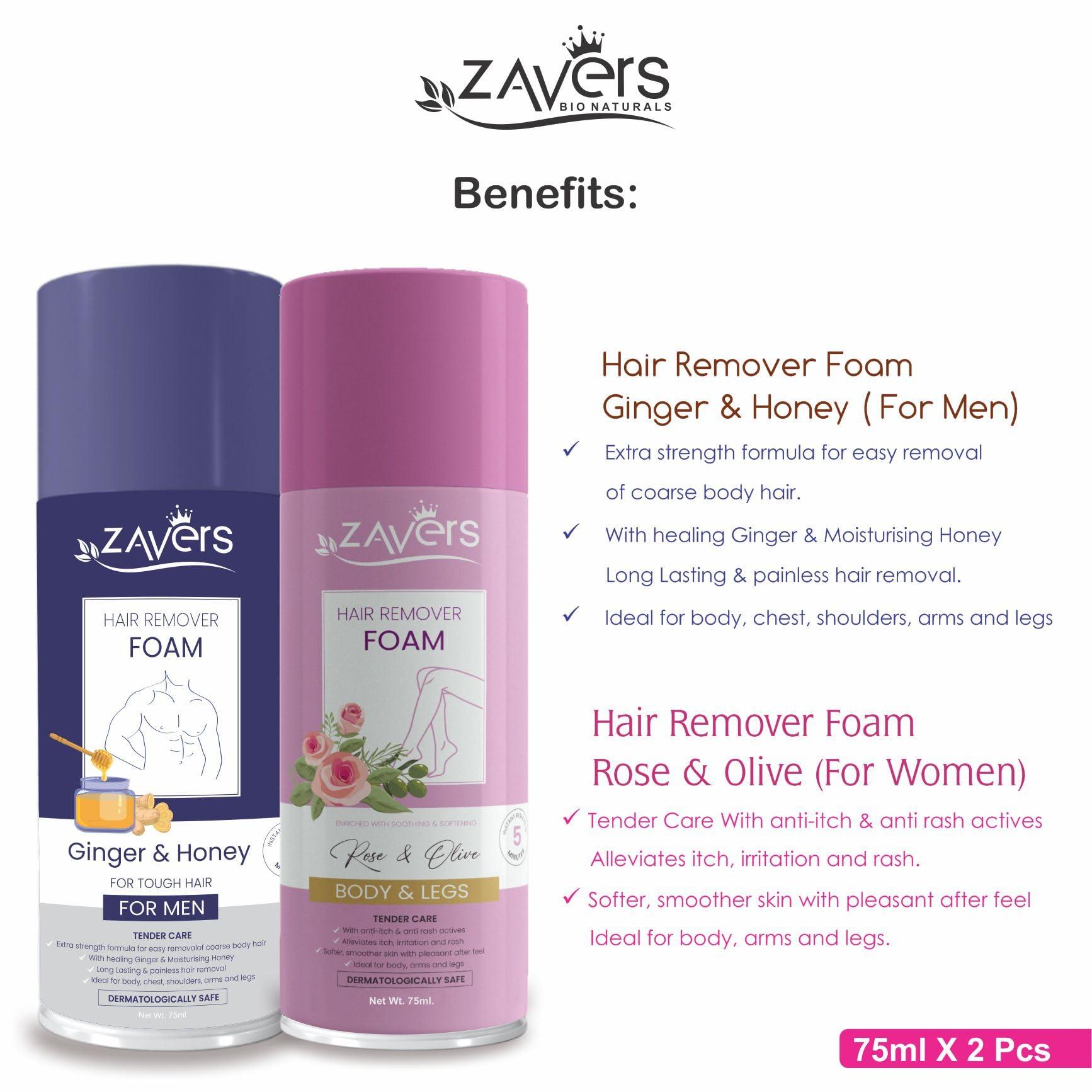 ZAVERS Zavers Hair Removal Foam for Men & Women - 75 ml Combo - Powerful Ginger & Honey Formula for Tough Hair - Enriched with Soothing Rose & Olive for Soft, Smooth Skin - Easy, Effective Hair Removal Solution