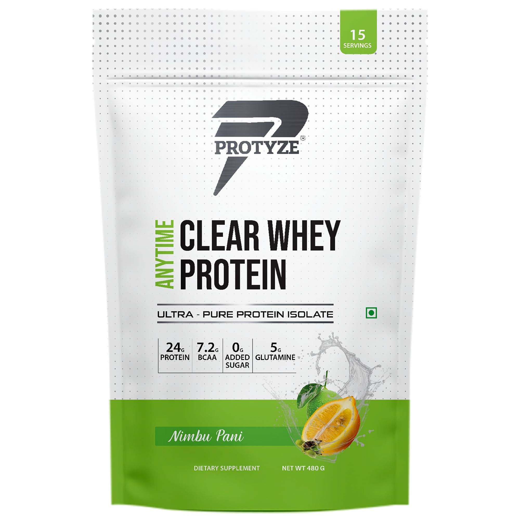 Protyze Protyze Anytime Clear Whey Protein Isolate | 24 g Protein/Scoop | 7.2 g BCAA | Gluten-Free | Low Carb | Light and Refreshing | Muscle Growth & Recovery (15 Servings, Nimbu Pani)