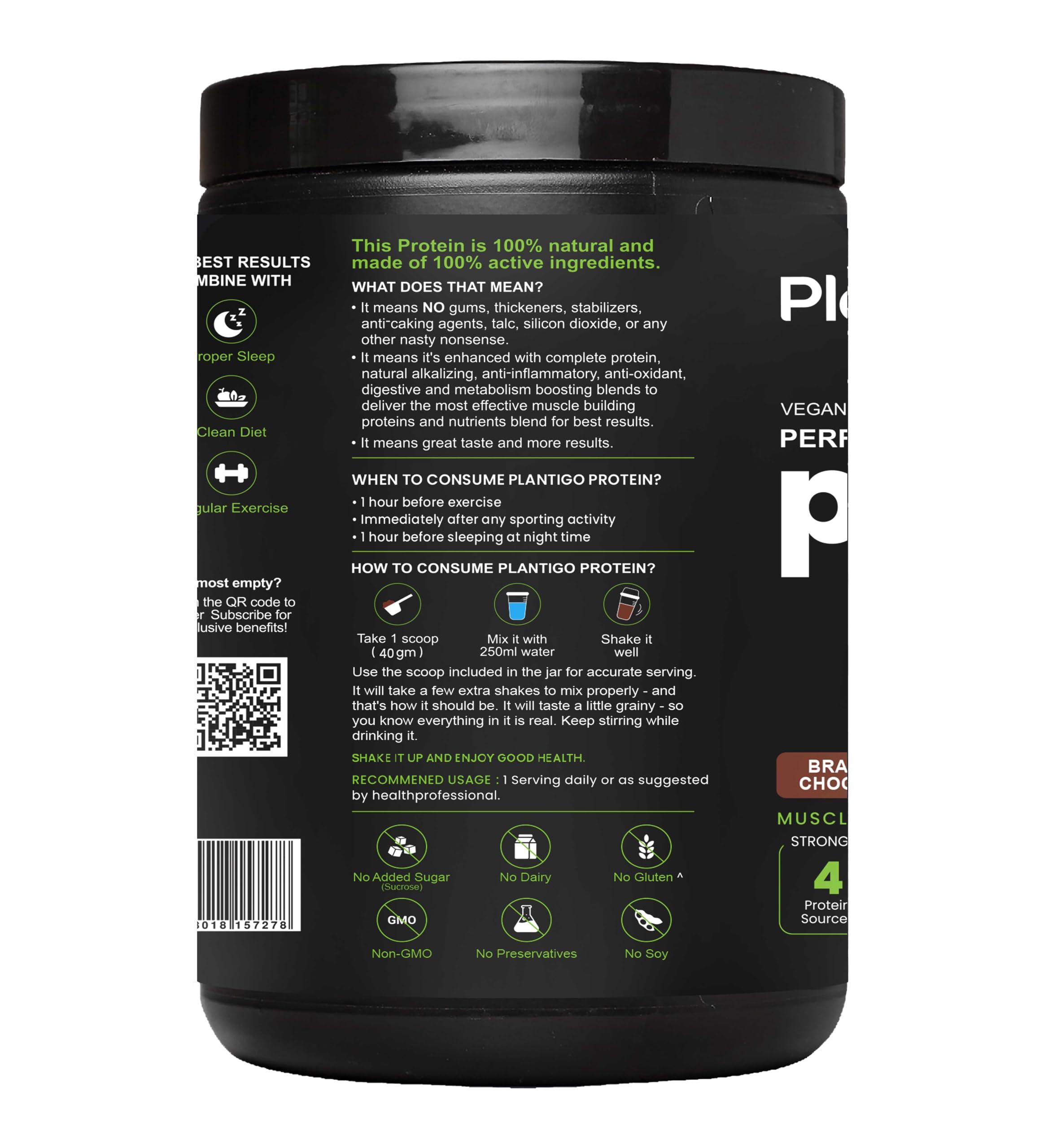 PLANTIGO Plantigo Plant Protein Powder - Men & Women, 500g Brazilian Chocolate | Plant Based Vegan Pea Protein Powder | 24g Protein, 5g Fiber, 3g BCAA, 20+ Vitamins, Minerals| No Added Sugars, No Preservatives