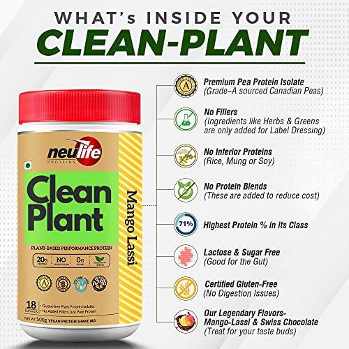 Neulife NEULIFE® CLEAN-PLANT Protein Isolate Powder | Vegan Protein Powder for Men & Women | Gluten & Sugar-free 500g (Mango Lassi)