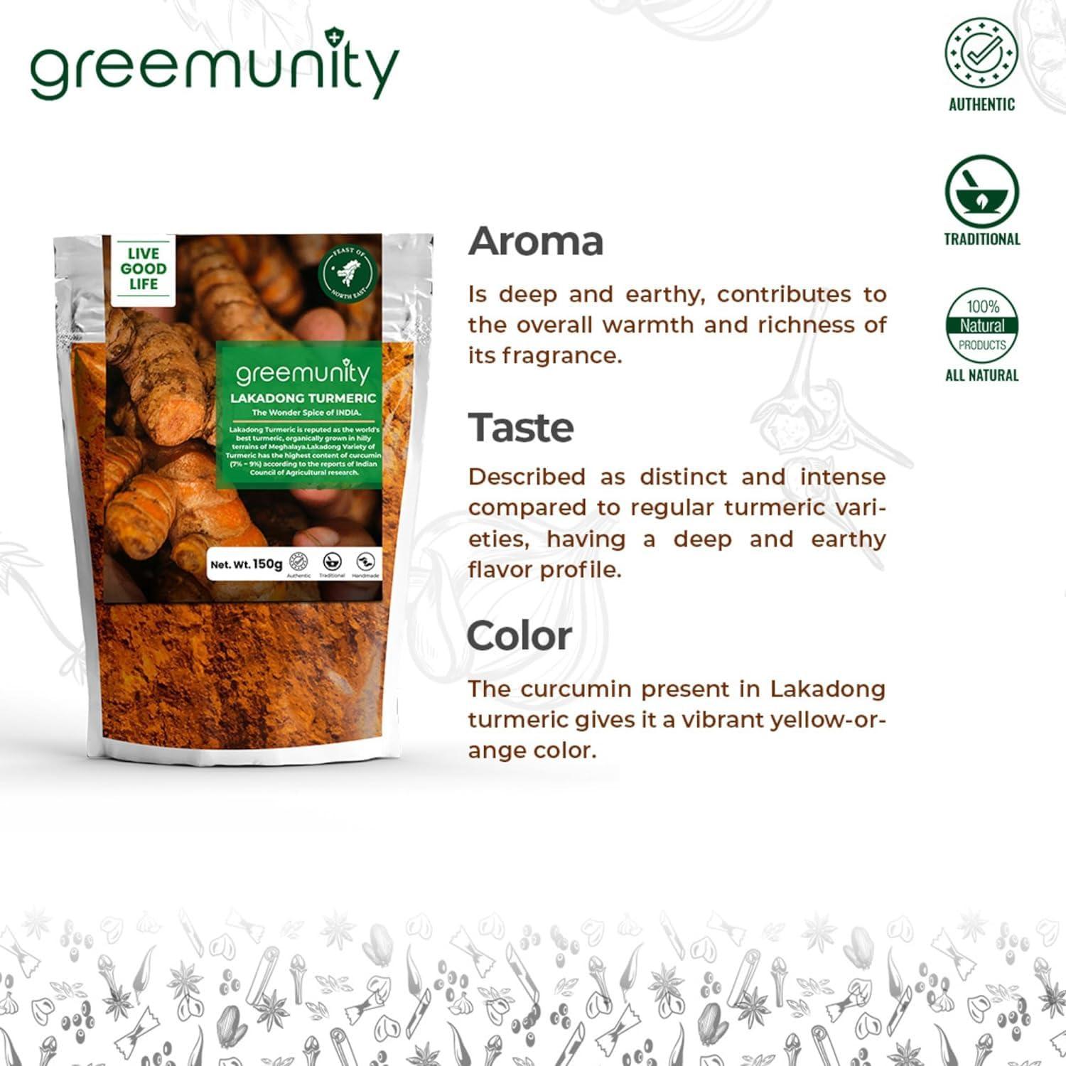 GREEMUNITY GREEMUNITY | Lakadong Turmeric 300 gms (150gms each X 2) Pack of 2 | From Jantia Hills, Meghalaya | Premium Lakadong Haldi Powder | Circumin Value 9% ~11% | High Circumin Turmeric | Organic Turmeric Powder