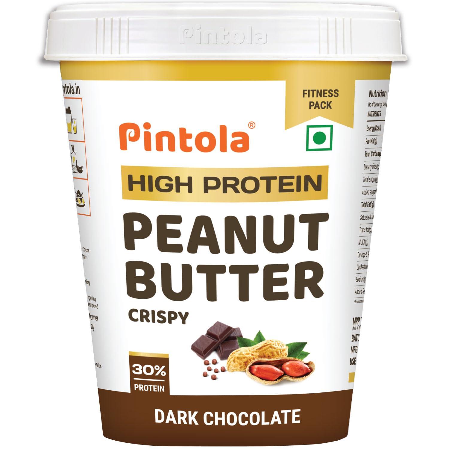 Pintola Pintola HIGH Protein DARK Chocolate Peanut Butter (Crispy, 1kg) 30g Protein, Whey Protein, High Fiber, Crispy, Gluten Free, Zero Trans Fat & Unsalted Chocolate flavour Nutbutter, Premium Roasted Nuts