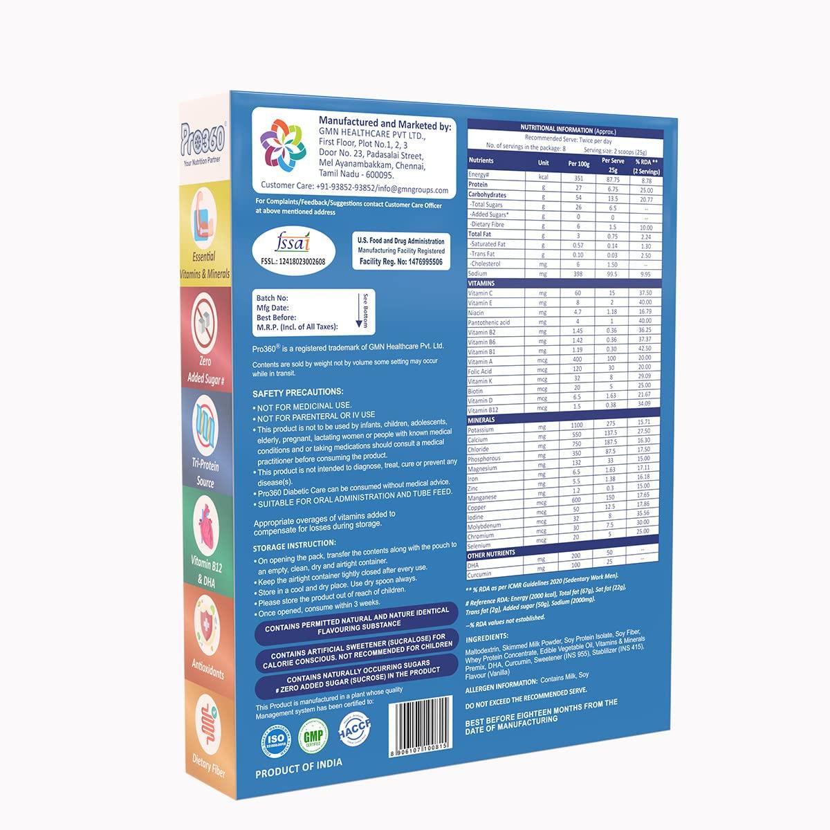 PRO360 Pro360 Diabetic Care Protein Powder for Diabetes - Food Supplement for Diabetic Patients - Helps in Managing Blood Sugar Levels - Zero Added Sugar - 200g Refill pack (Vanilla)