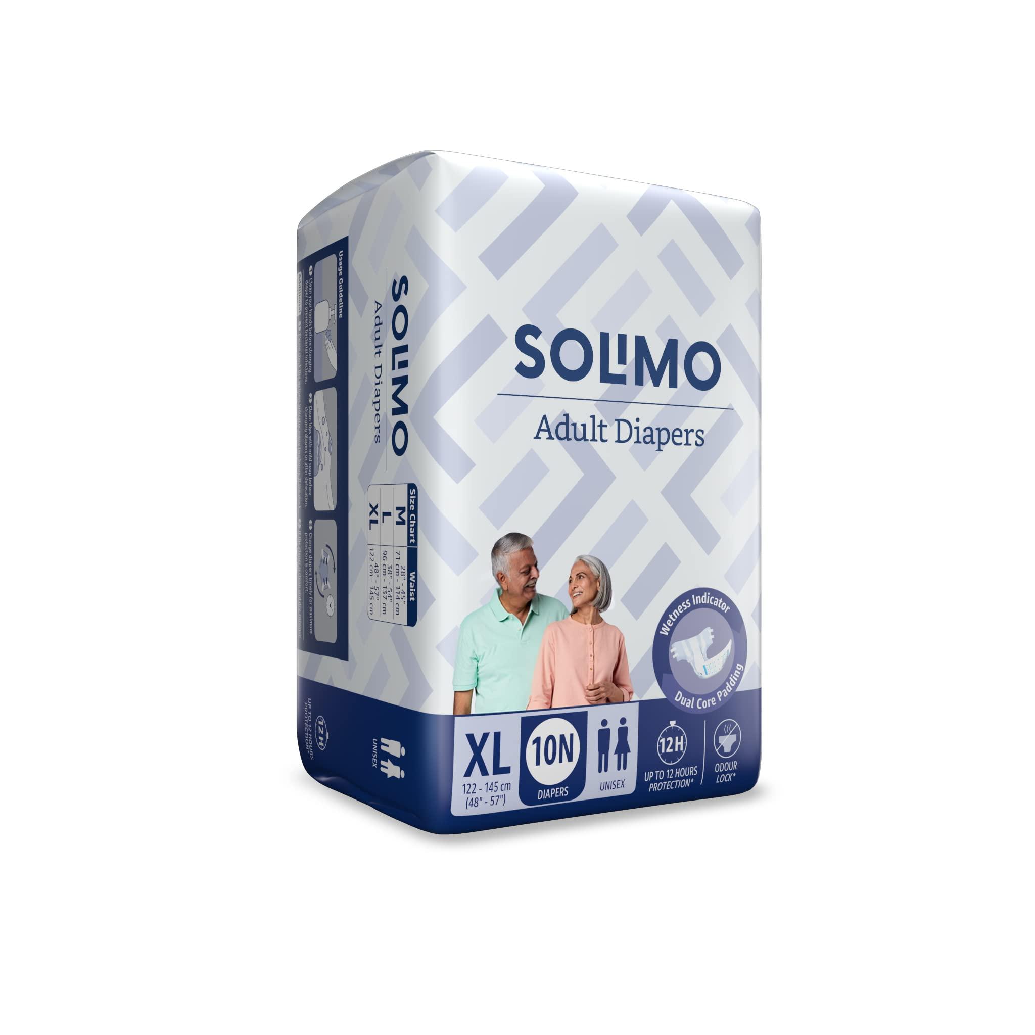 Amazon Brand - Solimo Amazon Brand - Solimo Adult Diapers, Tape Style | Pack of 30 | XL Size | Waist 48-57 in (122-145 cm) | Unisex | Quick Absorption | Leak Proof Upto 12 Hours | Wetness Indicator | For Men & Women