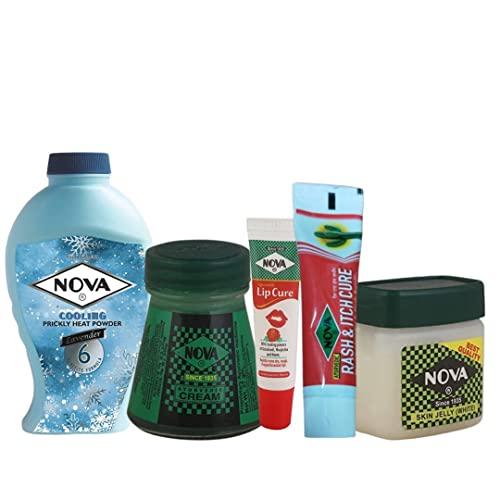 NOVA CREAM Nova Cream Combo Pack of Ayurvedic Cream + Ayurvedic Rash & Itch Cure + Lip Cure + Petroleum Jelly + Prickly Heat Talc | Pack of 5