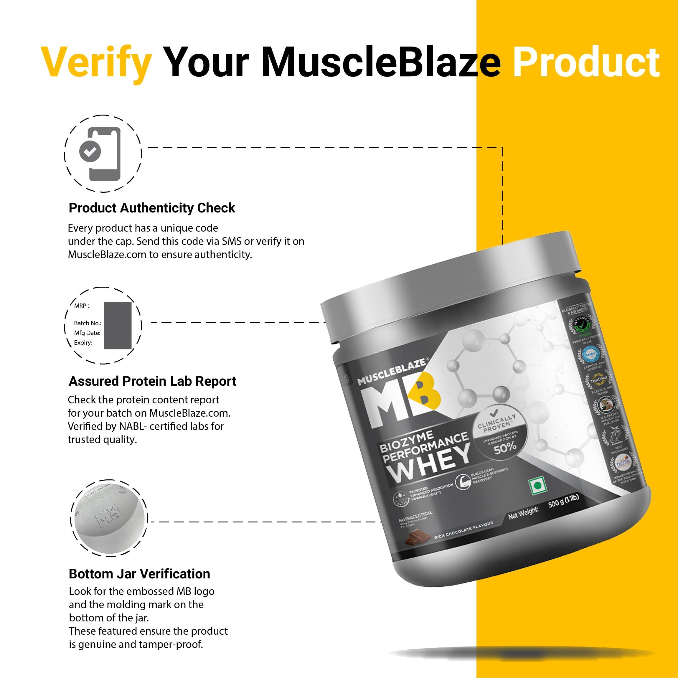 MuscleBlaze MuscleBlaze Biozyme Performance Whey Protein | Clinically Tested 50% Higher Protein Absorption | Informed Choice UK, Labdoor USA Certified & US Patent Filed EAF (Rich Chocolate, 500 g / 1.1 lb)
