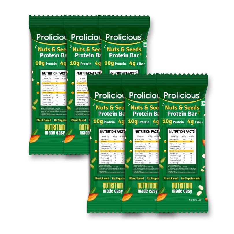 Prolicious Prolicious Nuts & Seeds Bar | 10 grams Protein & 4 grams Fiber | No Refined Sugar | Plant Based | Natural Ingredients | Pack of 6, 50 grams each