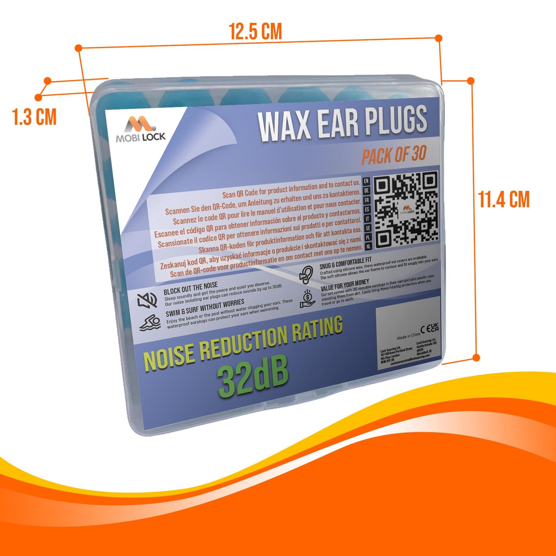 Mobi Lock Ear Plug - Reusable Silicone Wax Ear Plugs for Sleeping, Swimming - Pack of 30, Blue - 32db Noise Cancelling Earplugs With Portable Plastic Case - Hearing Protection for Travel, Concert - by Mobi Lock