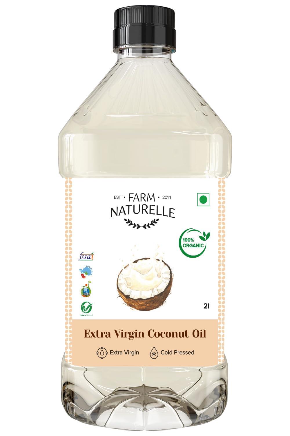 Farm Naturelle Farm Naturelle - 2 Ltr Organic Extra Virgin Cold Pressed Coconut Oil | 100% Pure Organic & Edible Cooking Oil | For Cooking, Help Skin & Hair Health, Oil Pulling (Pet Bottle)