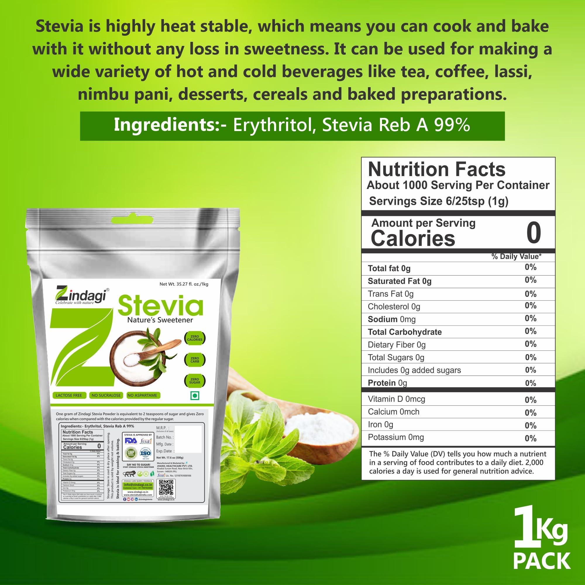 ZINDAGI Zindagi Stevia Powder (Reb A 99%) Extract | Sugar Subsitute | Stevia Natural Sugar-free Powder In Bulk | 500 gm | Pack of 4