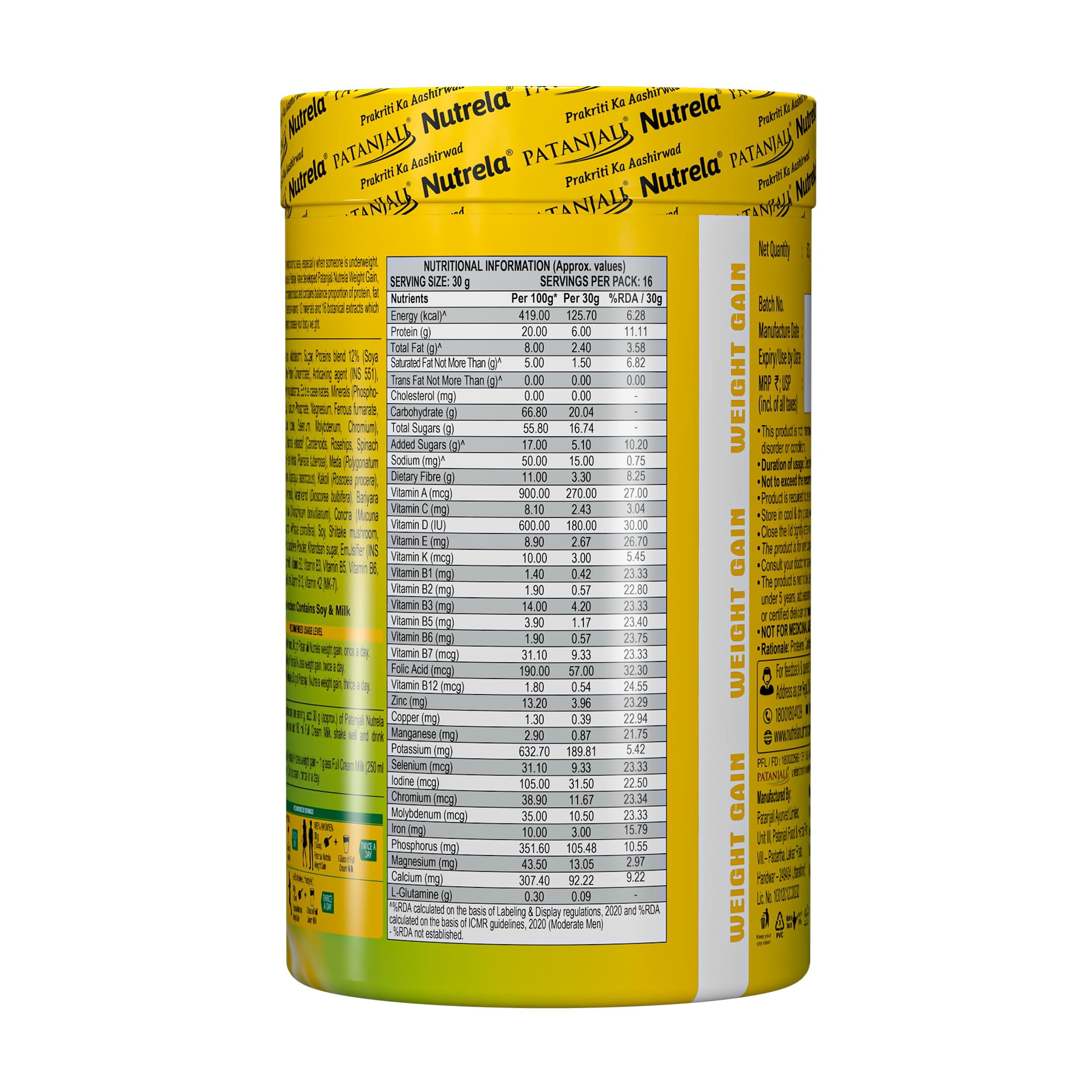 NUTRELA Nutrela Weight Gainer Powder - 500 gram, Mango Flavour | 20g Protein, 66.8 Carbs, 13 Vitamins & 12 Minerals with Khandsari Sugar | Ideal for Athlete, Men, Women & Kids above 10 Year