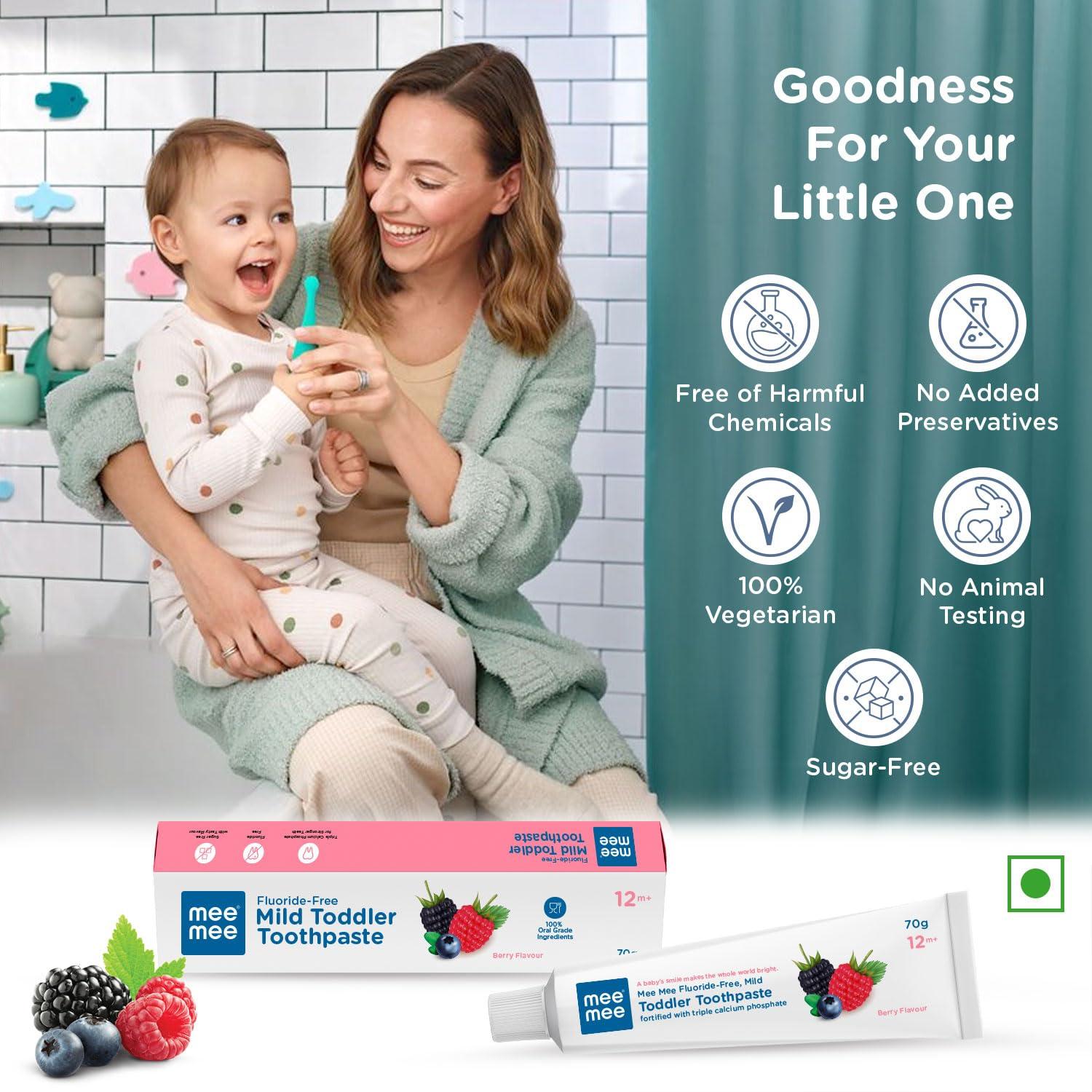 Mee Mee Mee Mee Fluoride-Free Baby Toothpaste for Kids Fortified with Triple Calcium Phosphate, Cavity Protection, Oral Care, Best for Baby 1 year +, 70 gram (Berry, Pack of 2)